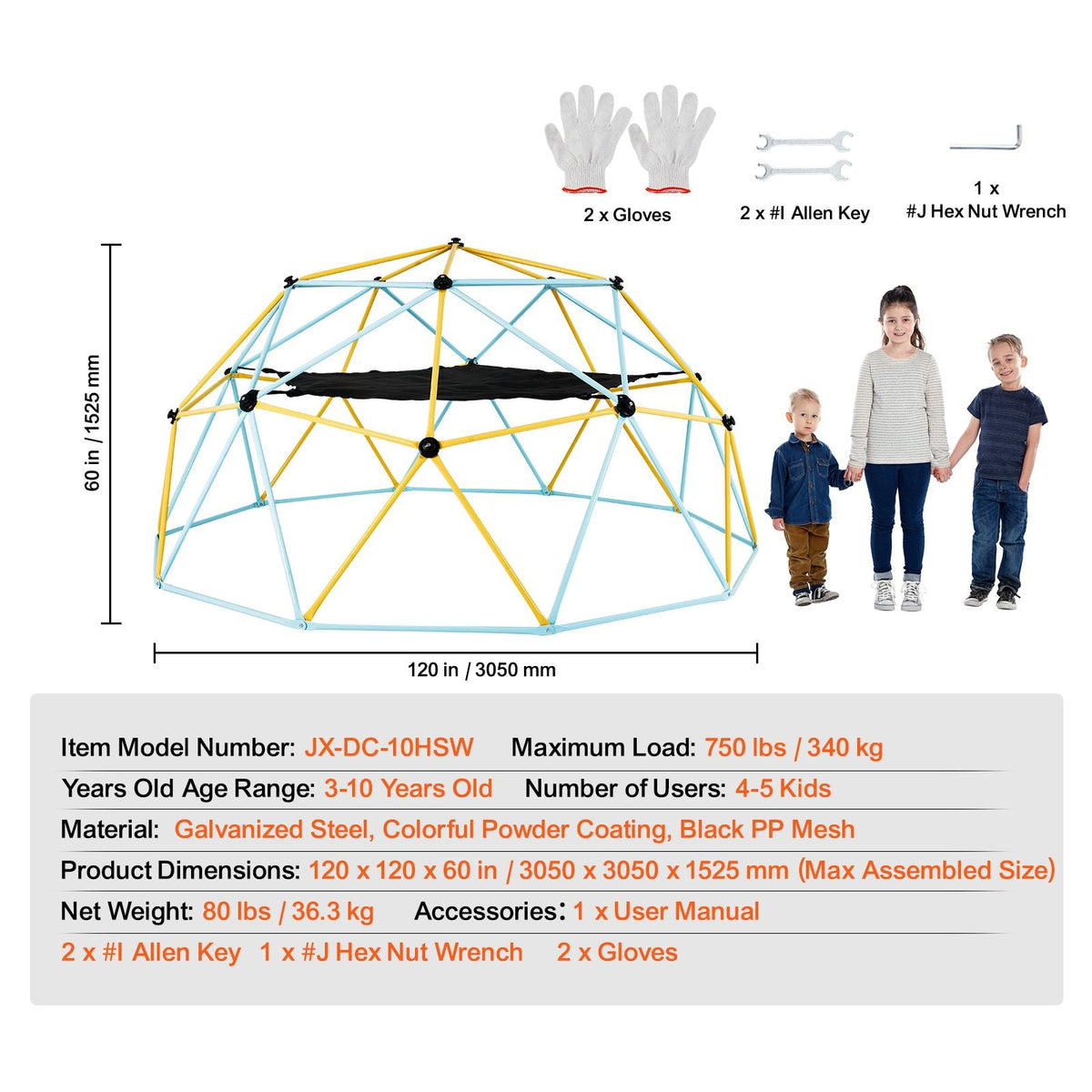 Climbing Dome, for Kids 3 to 10 Years Old,10FT Geometric Dome Climber with Hammock and Swing, Jungle Gym Supports 750LBS and Easy Assembly, with Climbing Grip, Outdoor Backyard Play Equipment