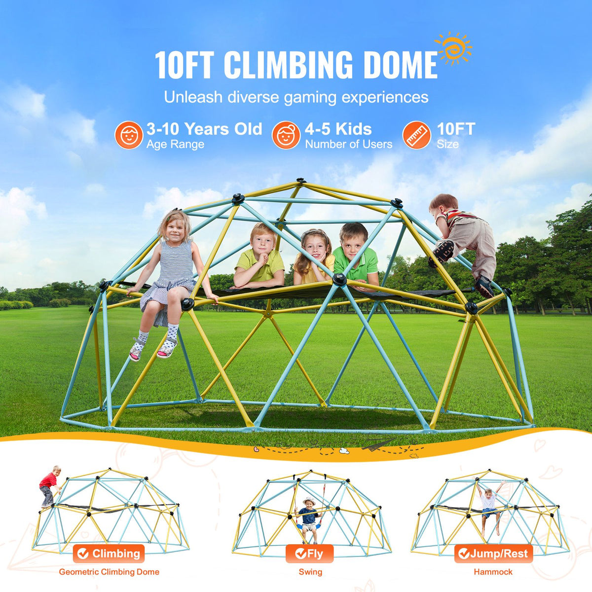 Climbing Dome, for Kids 3 to 10 Years Old,10FT Geometric Dome Climber with Hammock and Swing, Jungle Gym Supports 750LBS and Easy Assembly, with Climbing Grip, Outdoor Backyard Play Equipment