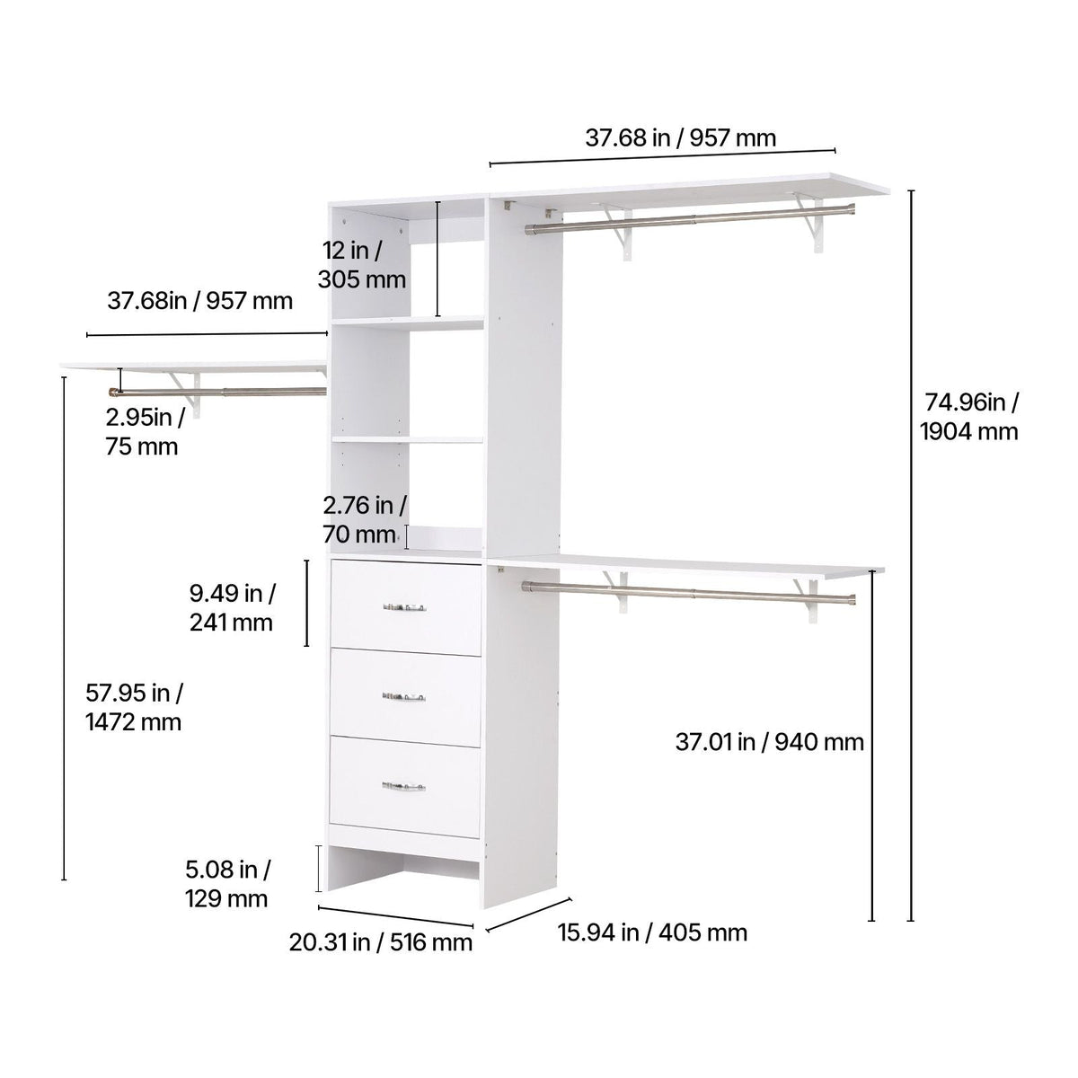 Closet System with 3 Drawers, Adjustable Height Wooden Closet Organizers, Modern Walk-in Wardrobe Organization with 3 Retractable Clothes Hanger Rods, Freestanding Garment Rack Storage, White