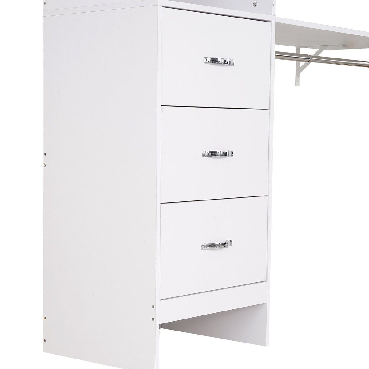 Closet System with 3 Drawers, Adjustable Height Wooden Closet Organizers, Modern Walk-in Wardrobe Organization with 3 Retractable Clothes Hanger Rods, Freestanding Garment Rack Storage, White