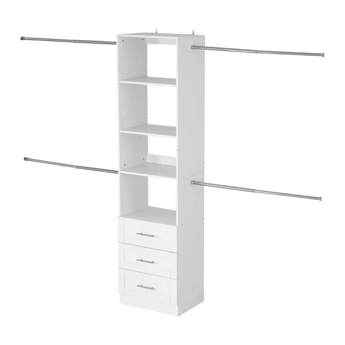 Closet System with 3 Drawers, Adjustable Height Wooden Closet Organizers, Modern Walk-in Wardrobe Organization with 4 Retractable Clothes Hanger Rods, Freestanding Garment Rack Storage, White