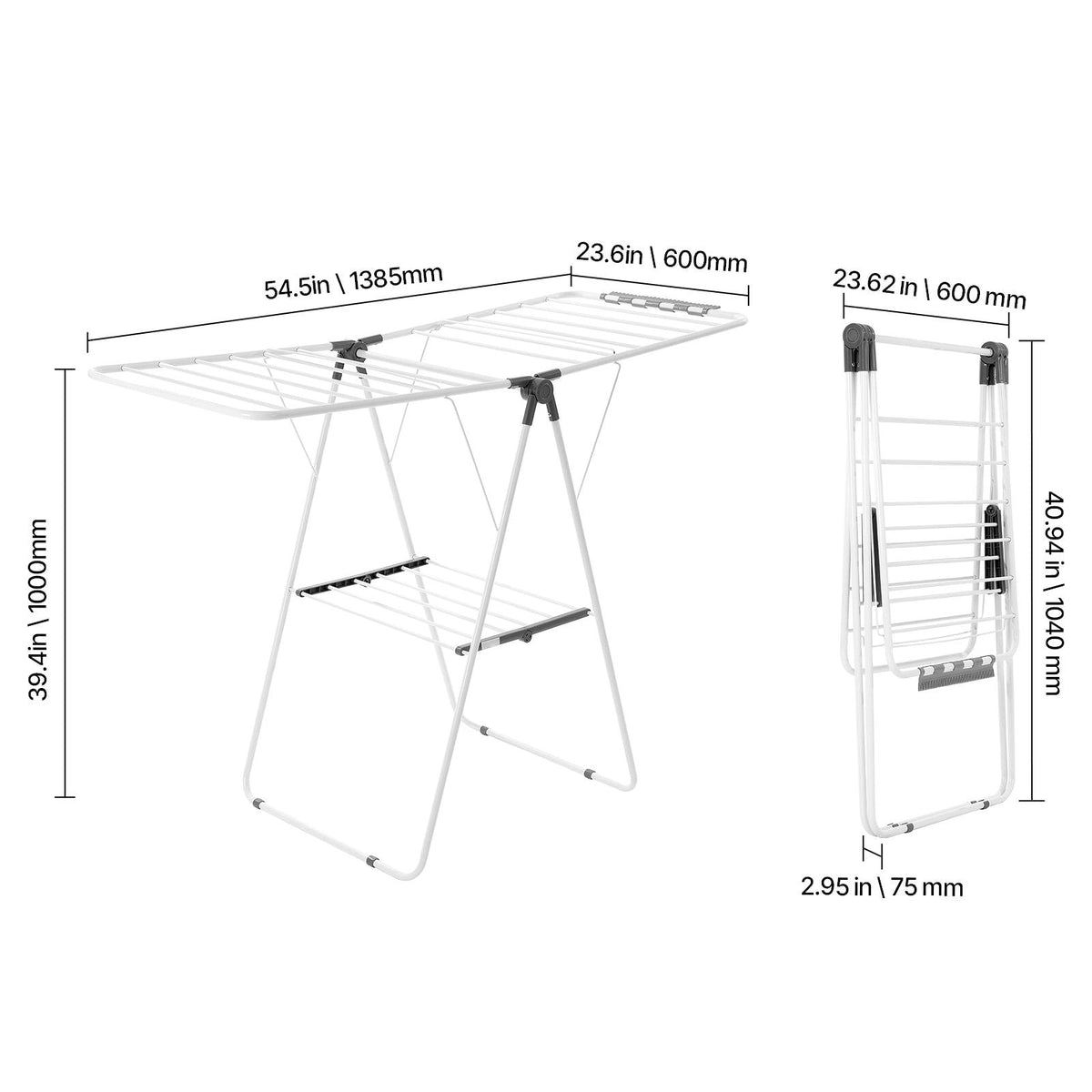 Clothes Drying Rack, 2-Tier Foldable Laundry Dryer Rack with Sock Clips & 21 Drying Rods, Metal Height Adjustable Drying Racks for Outdoor & Indoor, Free-Standing & Space-Saving Hanger, White