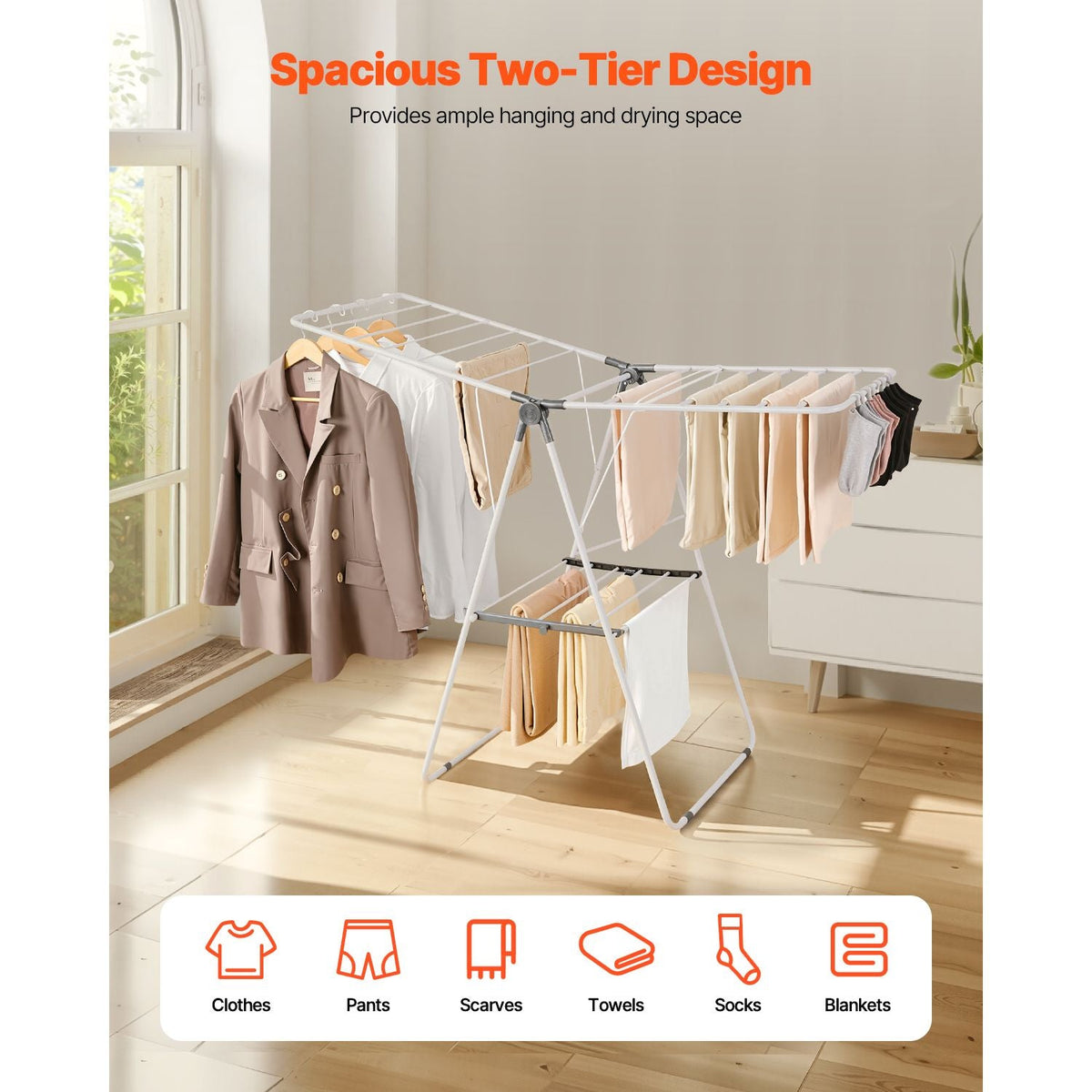 Clothes Drying Rack, 2-Tier Foldable Laundry Dryer Rack with Sock Clips & 21 Drying Rods, Metal Height Adjustable Drying Racks for Outdoor & Indoor, Free-Standing & Space-Saving Hanger, White
