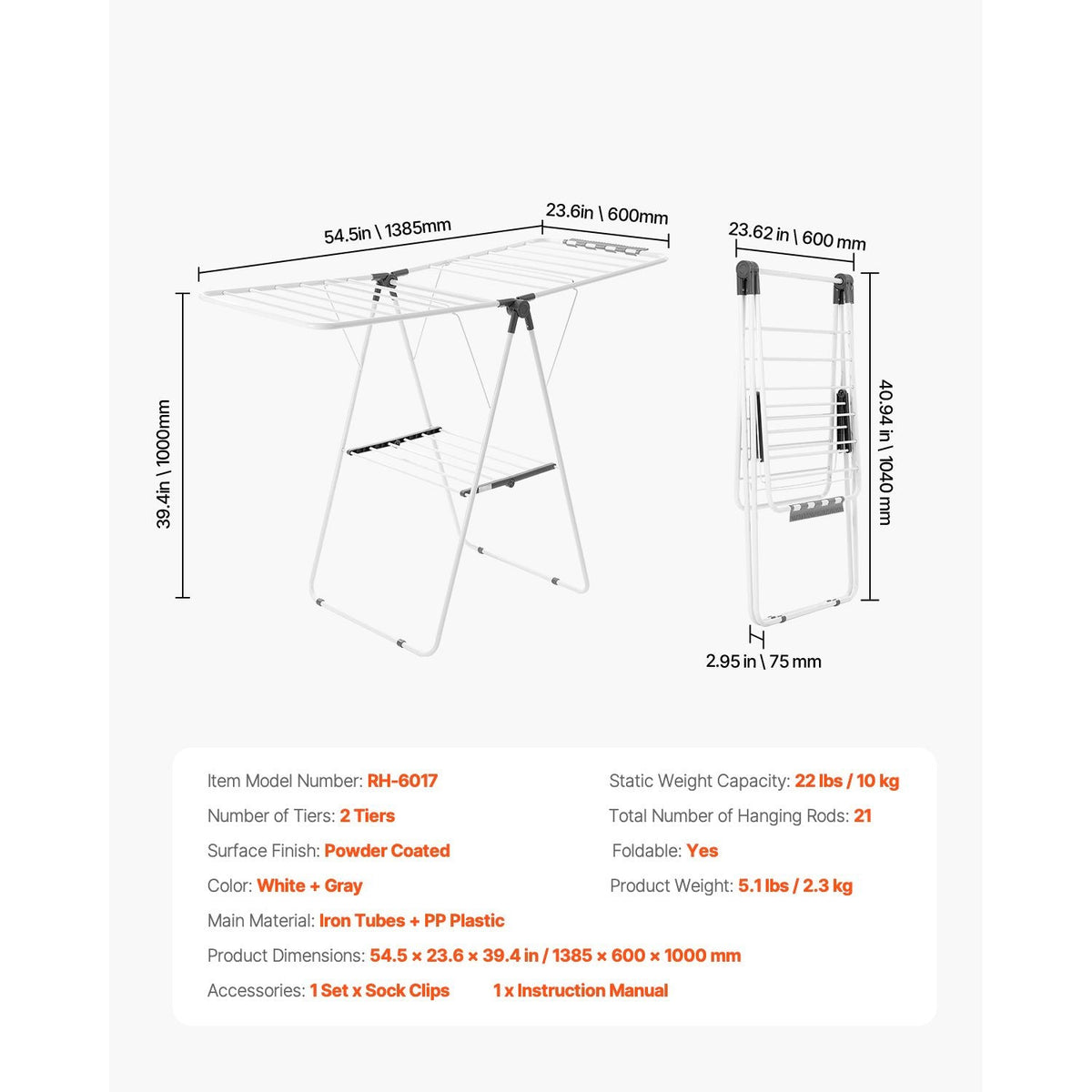 Clothes Drying Rack, 2-Tier Foldable Laundry Dryer Rack with Sock Clips & 21 Drying Rods, Metal Height Adjustable Drying Racks for Outdoor & Indoor, Free-Standing & Space-Saving Hanger, White