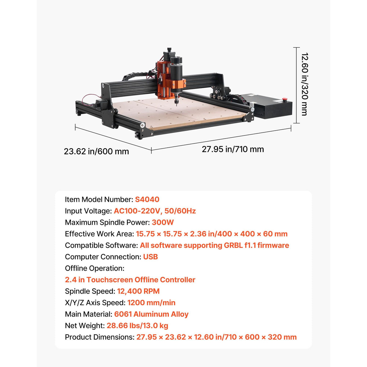 CNC Router Machine, 300W Spindle, 3-Axis Wood Engraving Milling Machine, with 15.75 x 15.75 x 2.36 in Working Area, Offline Controller, Aluminum Alloy Structure, for Wood Acrylic Carving Cutting