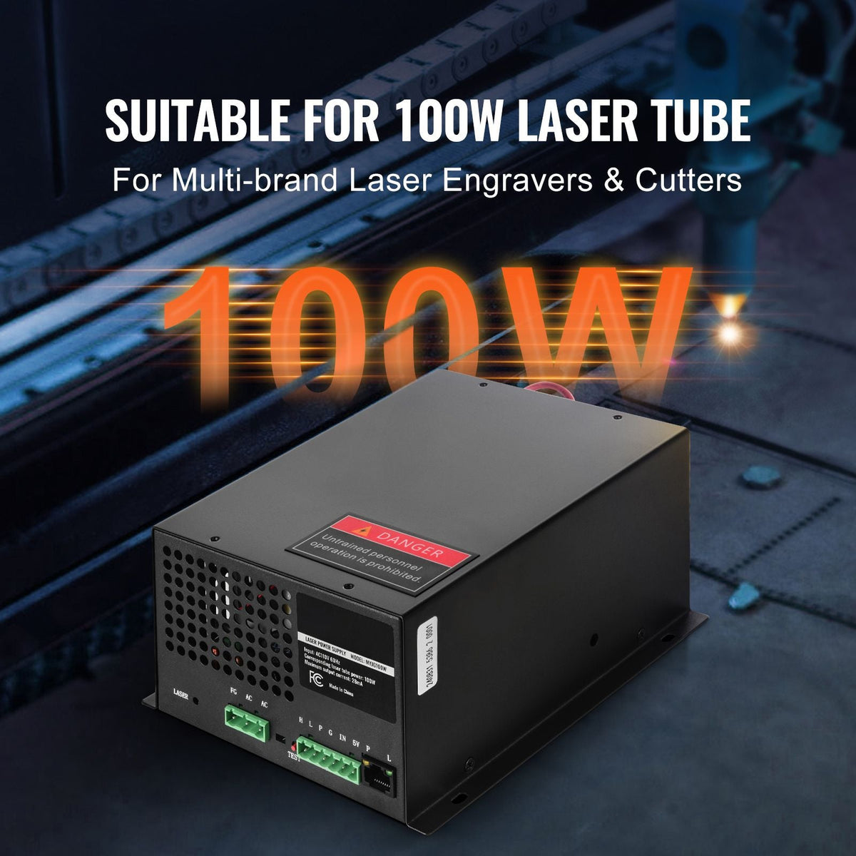 CO2 Laser Power Supply, 100W, Power Supply for 100W Laser Tube, Constant Current Protection, Open Circuit Protection, Fast Heat Dissipation, Compatible for Multi-brand Laser Engravers & Cutters