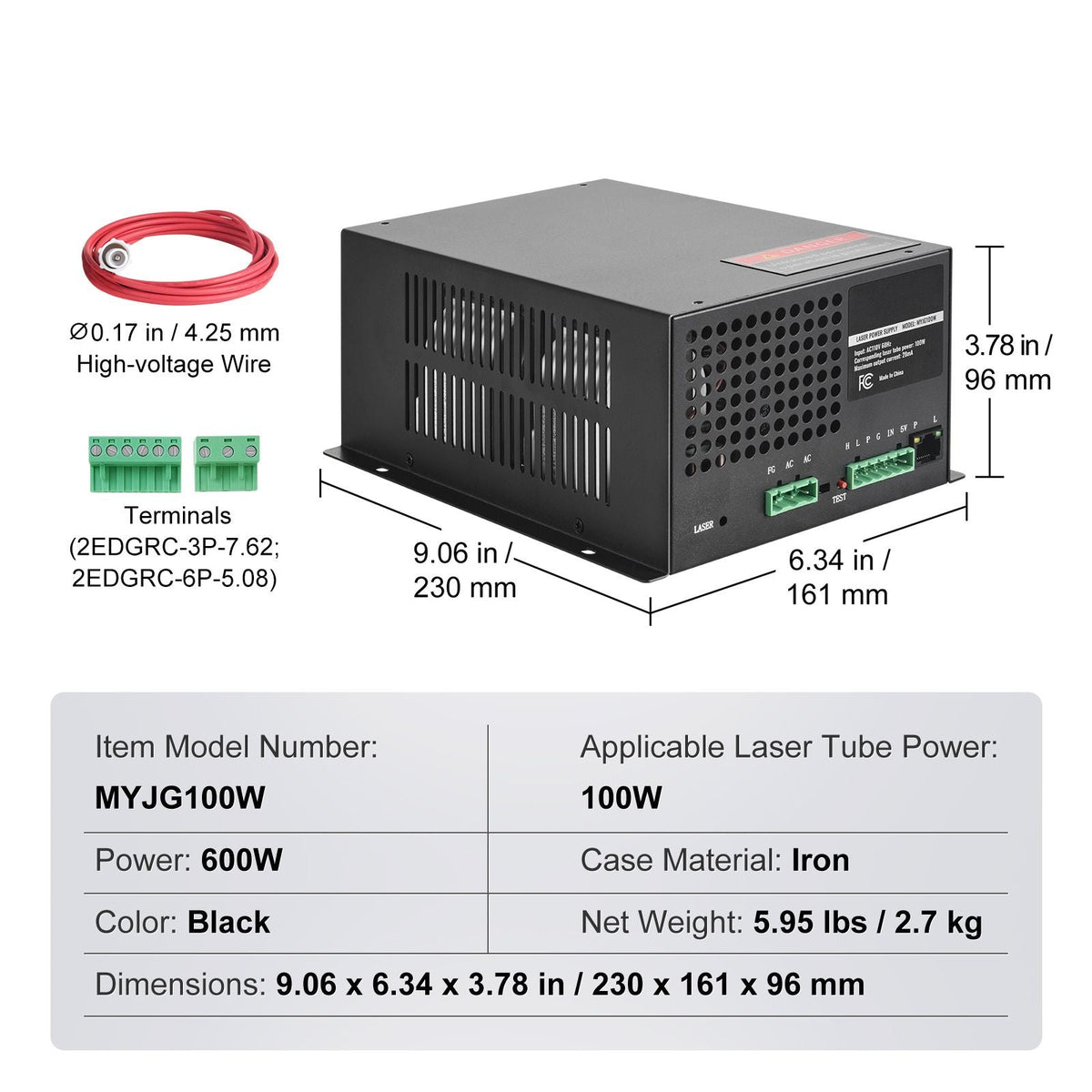 CO2 Laser Power Supply, 100W, Power Supply for 100W Laser Tube, Constant Current Protection, Open Circuit Protection, Fast Heat Dissipation, Compatible for Multi-brand Laser Engravers & Cutters