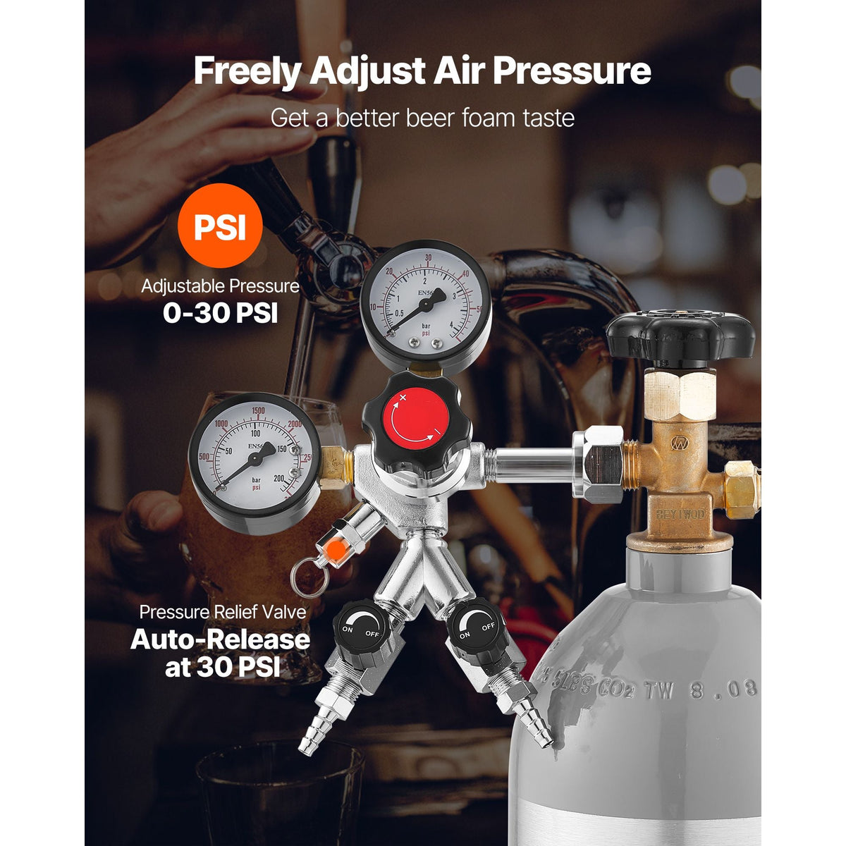 CO2 Regulator, Dual-Gauge Dual-Valve Beer Keg Regulator, 0–60 PSI Adjustable Pressure, Heavy-Duty CO2 Tank Gas Regulator with 2 Check Valves, for Draft Beer Homebrewing, Fits CGA320 Interface