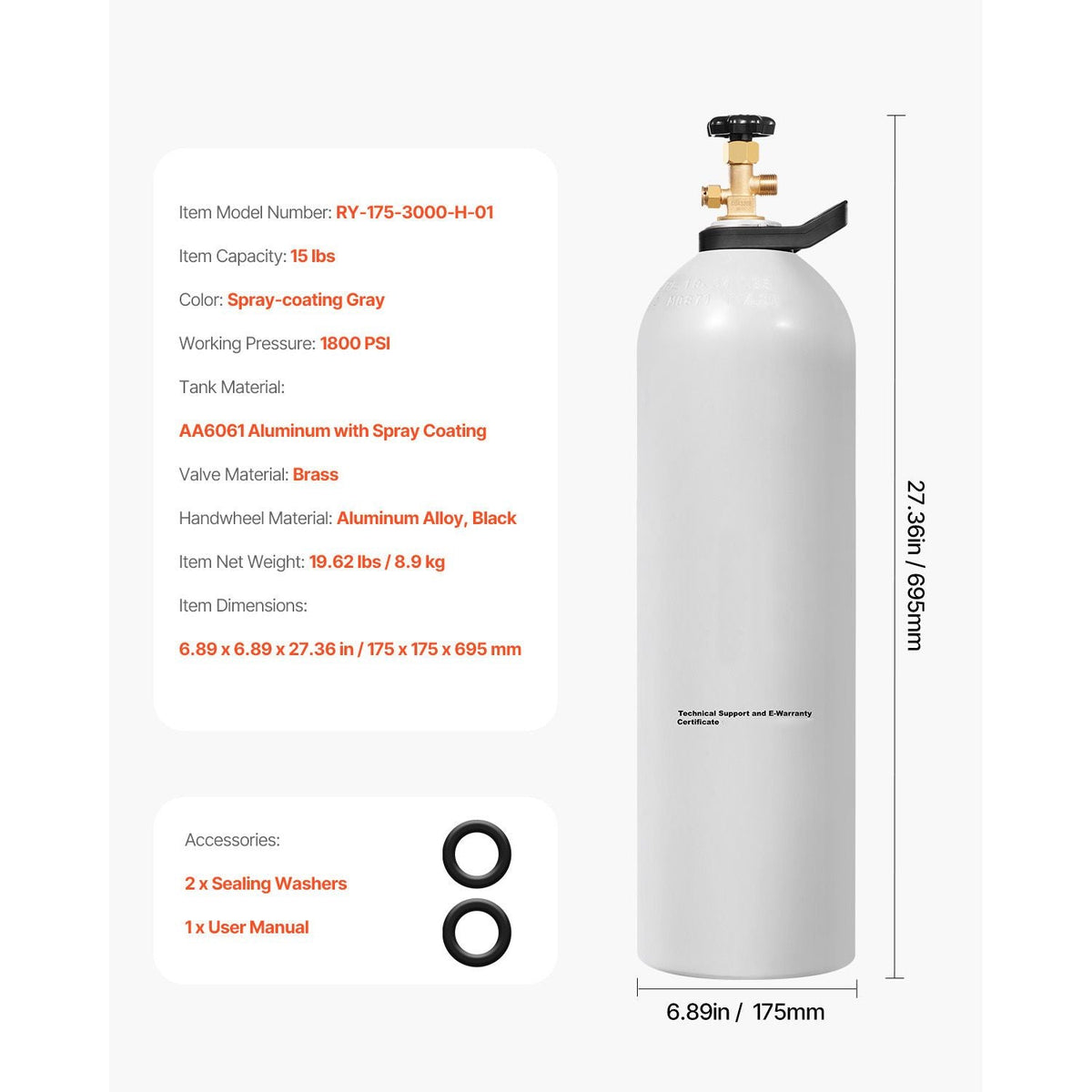 CO2 Tank, 15 lbs New Aluminum Alloy Cylinder, CO2 Air Tank with Light Spray Coating, CGA320 Valve, Handle & Adjustable Pressure, DOT Approved Cylinder for Draft Beer Dispensing and Soda Maker