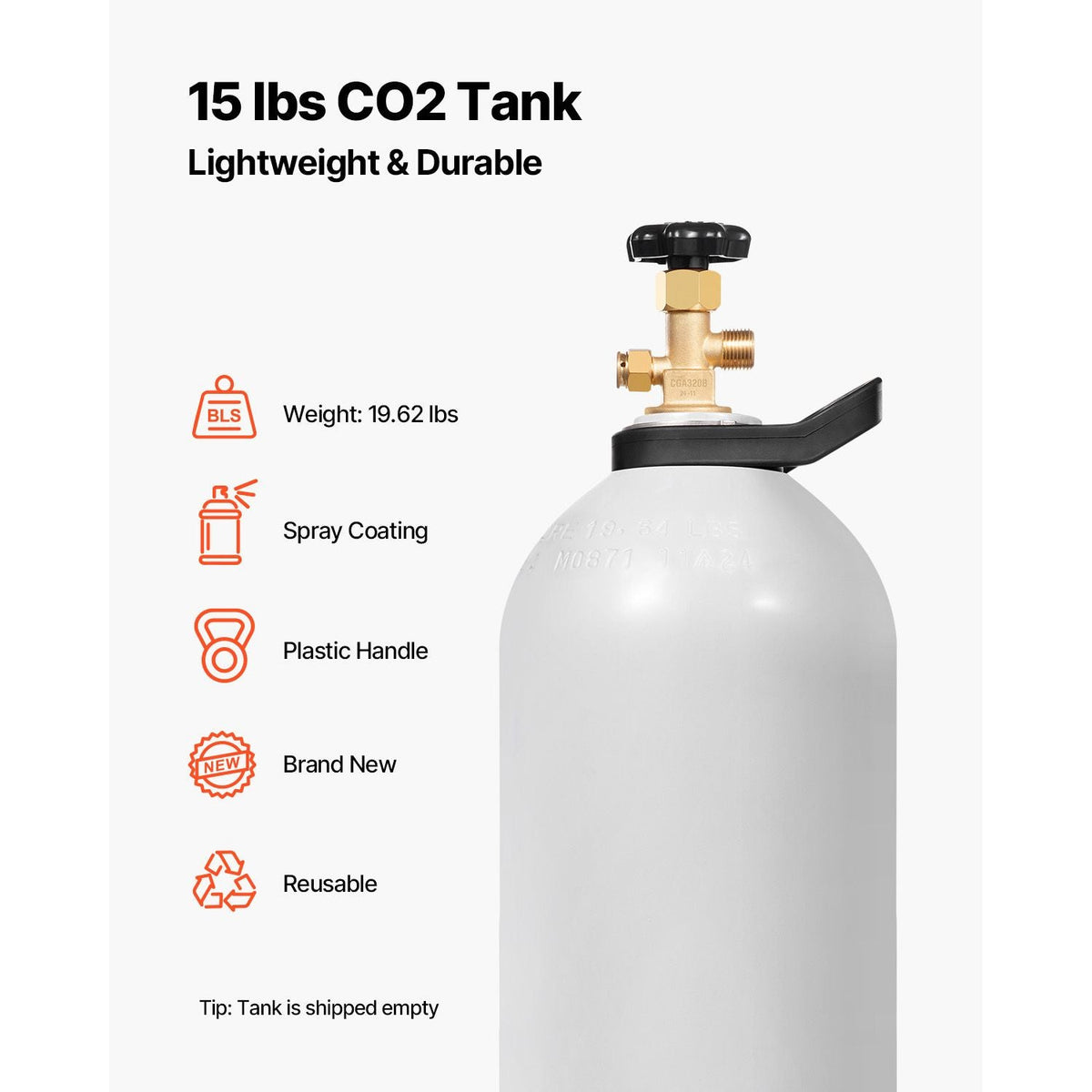 CO2 Tank, 15 lbs New Aluminum Alloy Cylinder, CO2 Air Tank with Light Spray Coating, CGA320 Valve, Handle & Adjustable Pressure, DOT Approved Cylinder for Draft Beer Dispensing and Soda Maker