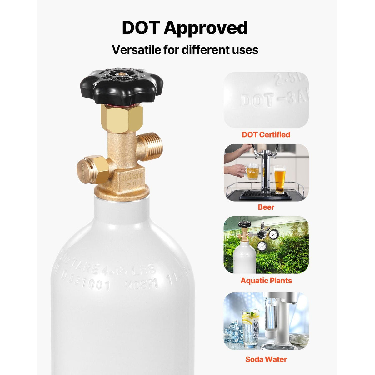CO2 Tank, 2.5 lbs New Aluminum Alloy Cylinder, CO2 Air Tank with Light Gray Spray Coating, CGA320 Valve & Adjustable Pressure, DOT Approved Cylinder for Draft Beer Dispensing and Soda Maker