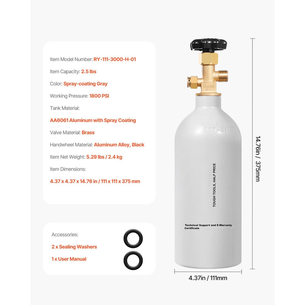 CO2 Tank, 2.5 lbs New Aluminum Alloy Cylinder, CO2 Air Tank with Light Gray Spray Coating, CGA320 Valve & Adjustable Pressure, DOT Approved Cylinder for Draft Beer Dispensing and Soda Maker