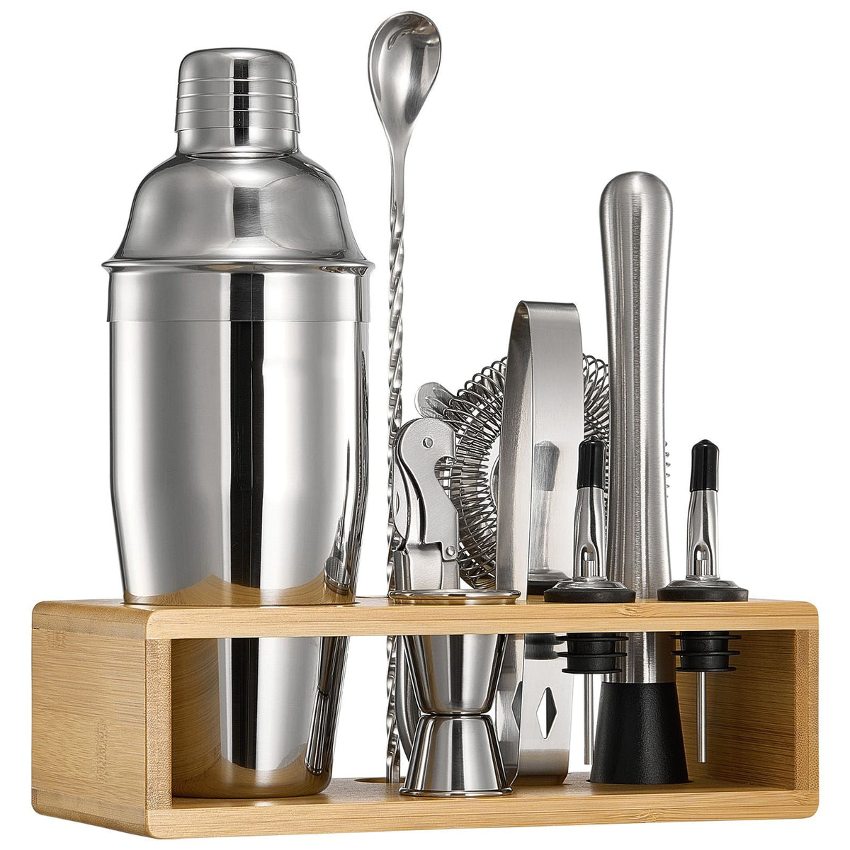 Cocktail Shaker Set, 10-Piece Stainless Steel Bar Tools with Bamboo Stand, Martini Bartender Kit Accessories | Mixer Spoon, Muddler, Jigger, Strainer, Liquor Pourers, Ice Tong, Corkscrew, Silver