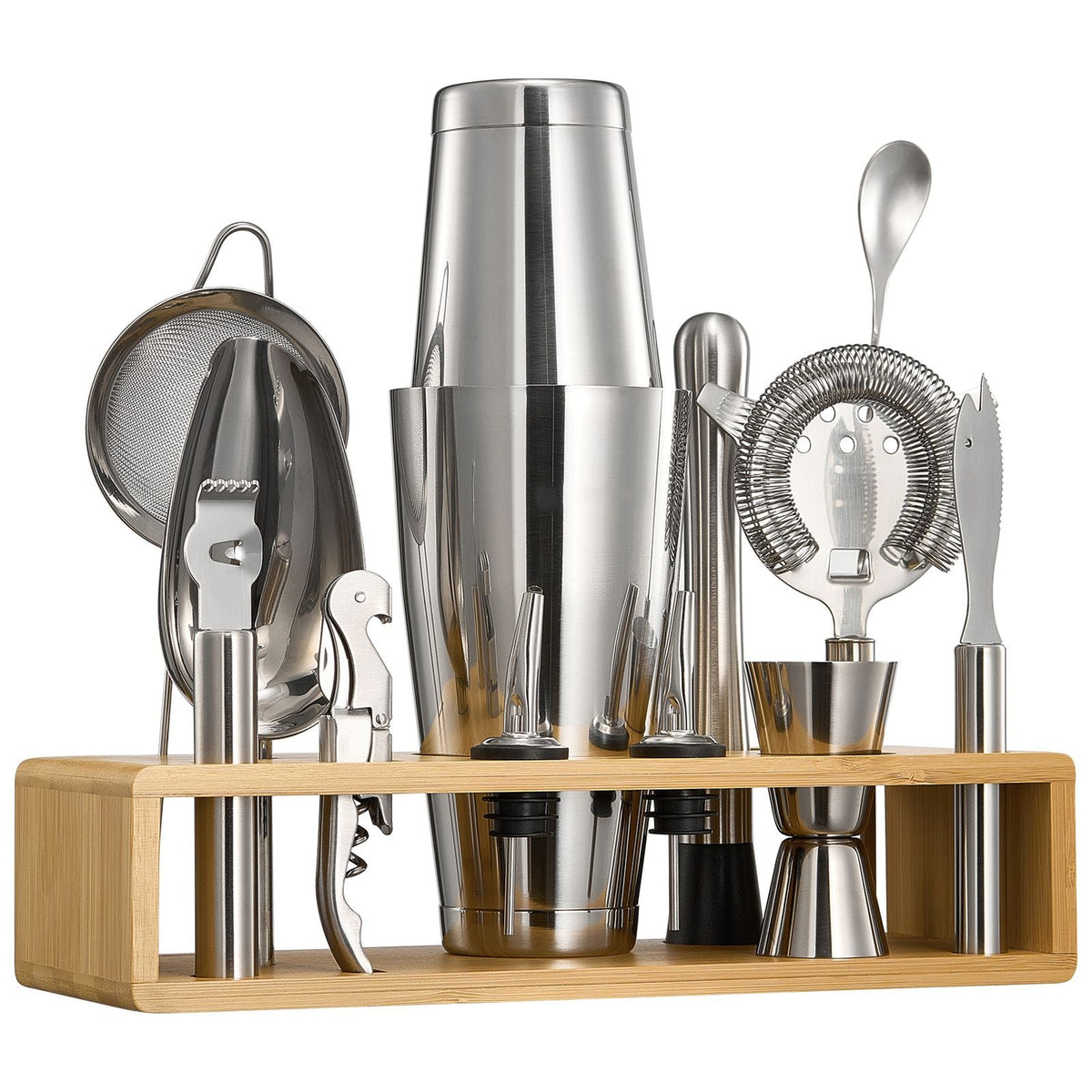 Cocktail Shaker Set, 13-Piece Stainless Steel Bar Tools with Bamboo Stand, Boston Bartender Kit Accessories | Mixer Spoon, Muddler, Jigger, Strainer, Liquor Pourers, Ice Scoop, Lemon Zester