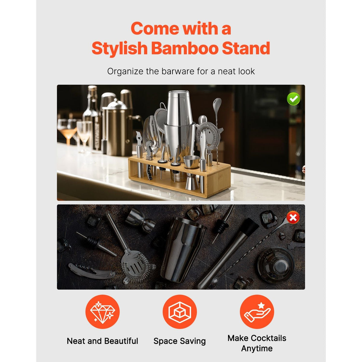 Cocktail Shaker Set, 13-Piece Stainless Steel Bar Tools with Bamboo Stand, Boston Bartender Kit Accessories | Mixer Spoon, Muddler, Jigger, Strainer, Liquor Pourers, Ice Scoop, Lemon Zester