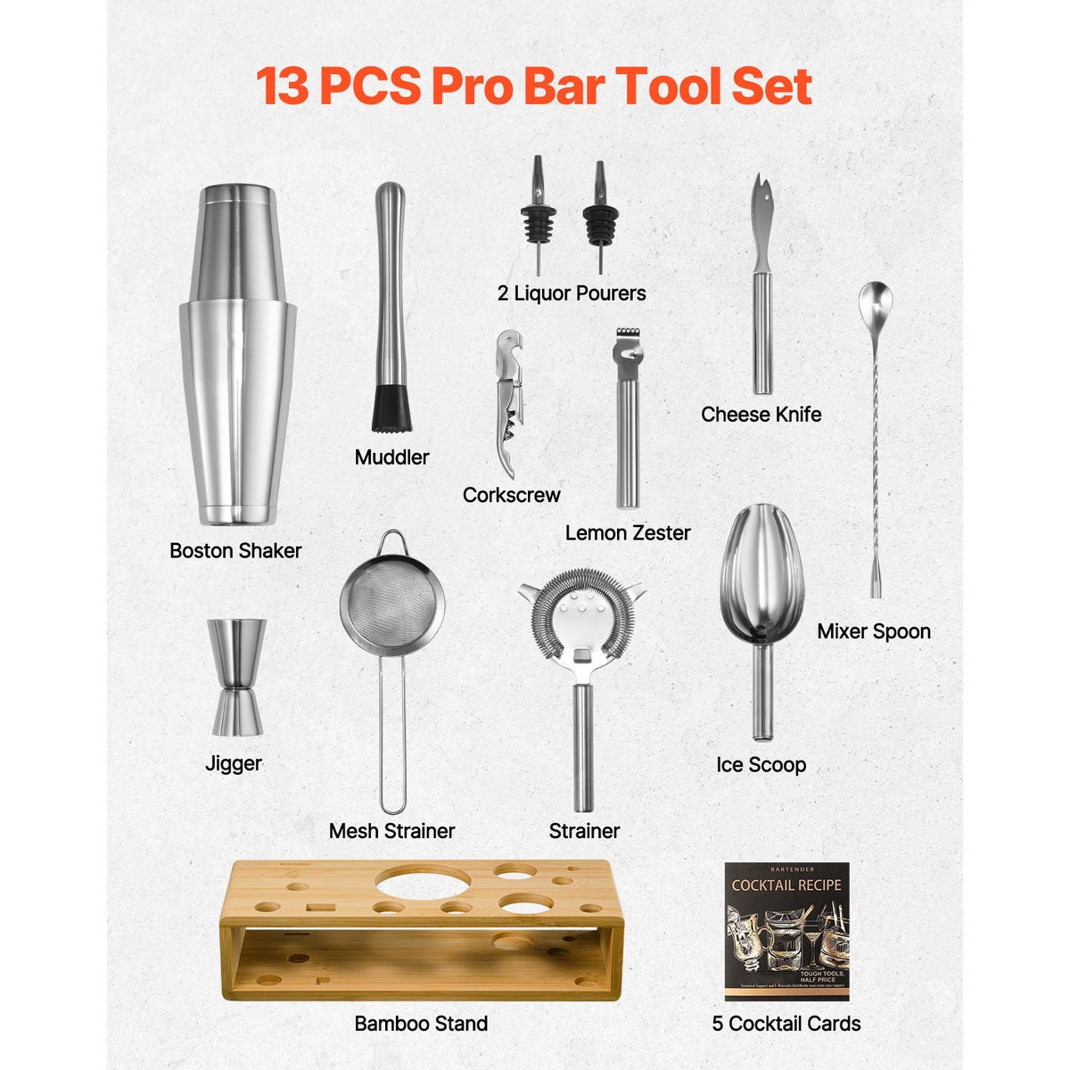 Cocktail Shaker Set, 13-Piece Stainless Steel Bar Tools with Bamboo Stand, Boston Bartender Kit Accessories | Mixer Spoon, Muddler, Jigger, Strainer, Liquor Pourers, Ice Scoop, Lemon Zester
