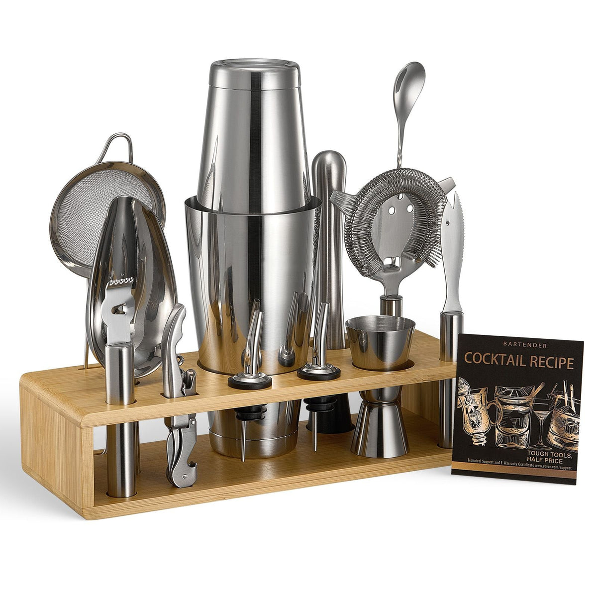 Cocktail Shaker Set, 13-Piece Stainless Steel Bar Tools with Bamboo Stand, Boston Bartender Kit Accessories | Mixer Spoon, Muddler, Jigger, Strainer, Liquor Pourers, Ice Scoop, Lemon Zester