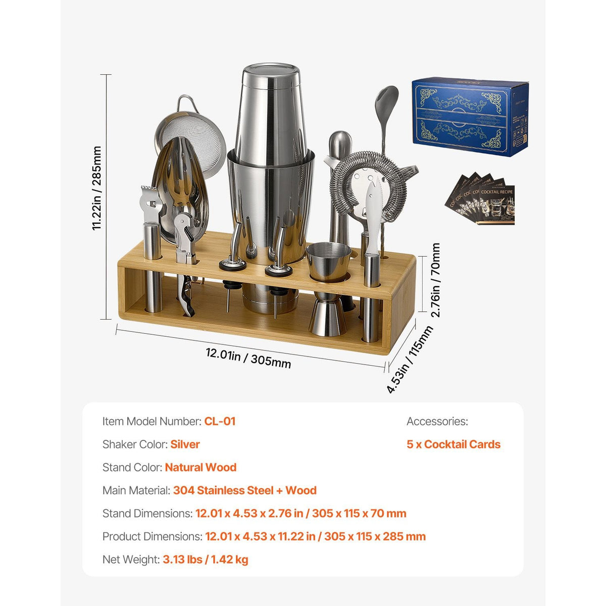 Cocktail Shaker Set, 13-Piece Stainless Steel Bar Tools with Bamboo Stand, Boston Bartender Kit Accessories | Mixer Spoon, Muddler, Jigger, Strainer, Liquor Pourers, Ice Scoop, Lemon Zester