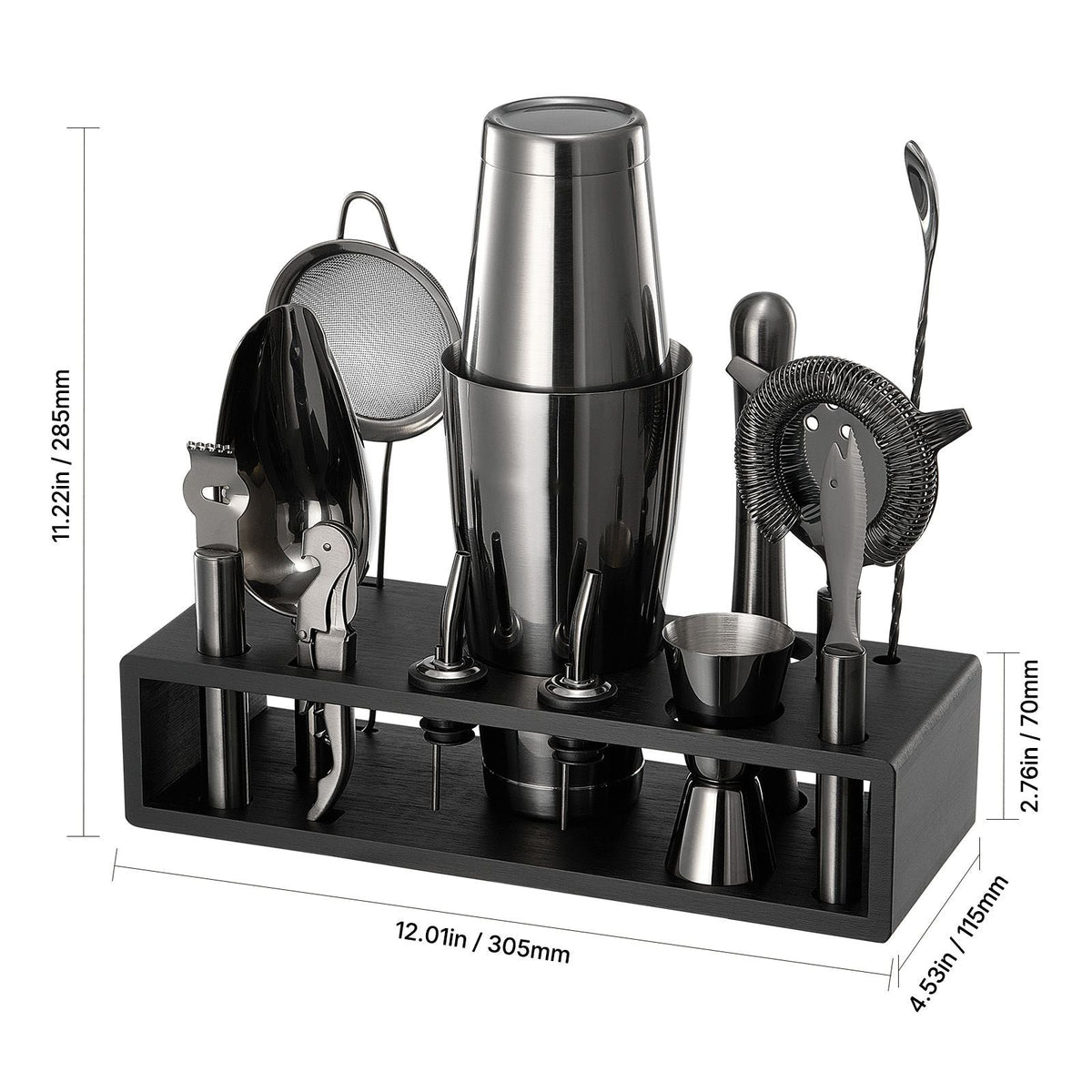 Cocktail Shaker Set, 13-Piece Stainless Steel Bar Tools with Bamboo Stand, Boston Bartender Kit | Mixer Spoon, Muddler, Jigger, Strainer, Liquor Pourers, Ice Scoop, Lemon Zester, Gunmetal
