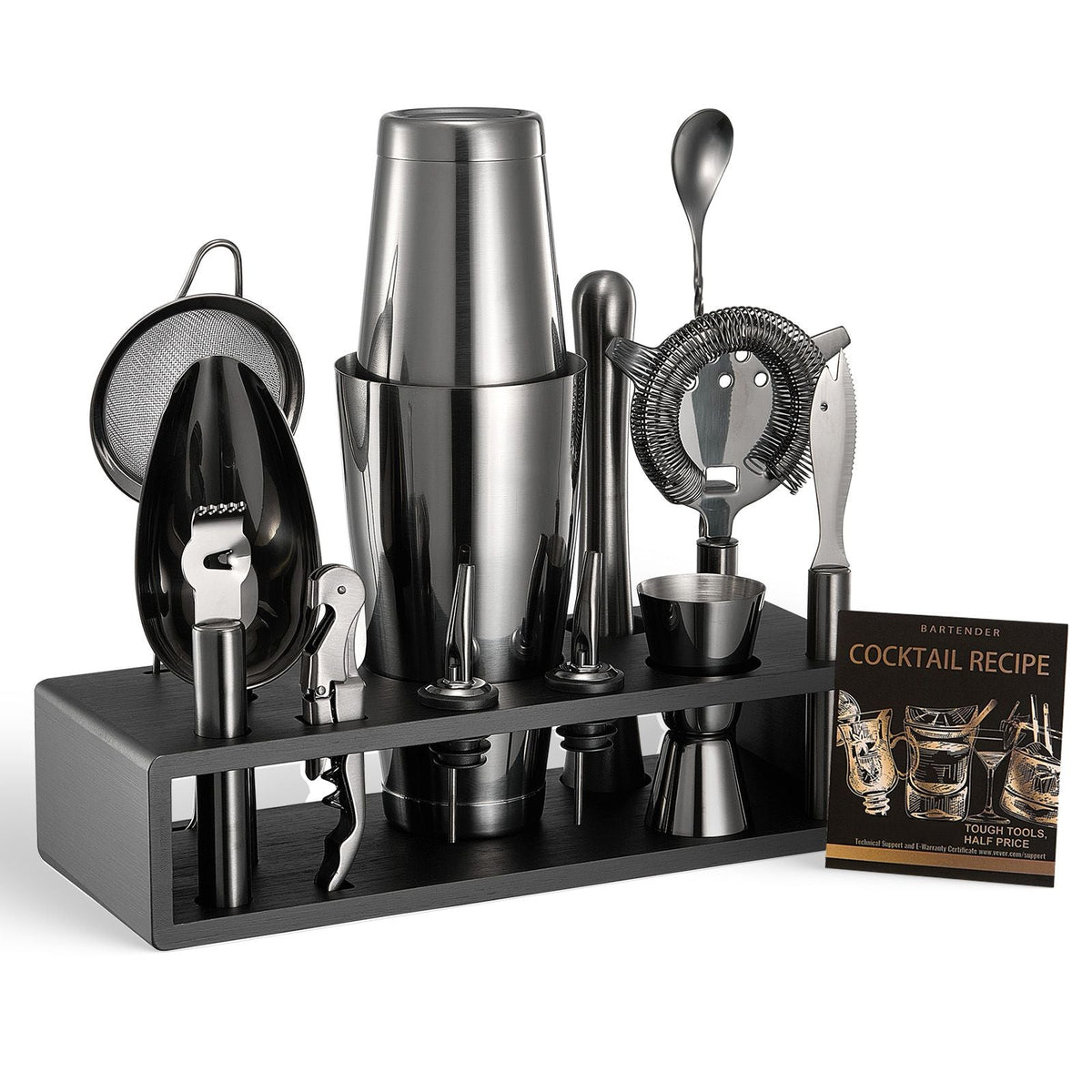 Cocktail Shaker Set, 13-Piece Stainless Steel Bar Tools with Bamboo Stand, Boston Bartender Kit | Mixer Spoon, Muddler, Jigger, Strainer, Liquor Pourers, Ice Scoop, Lemon Zester, Gunmetal