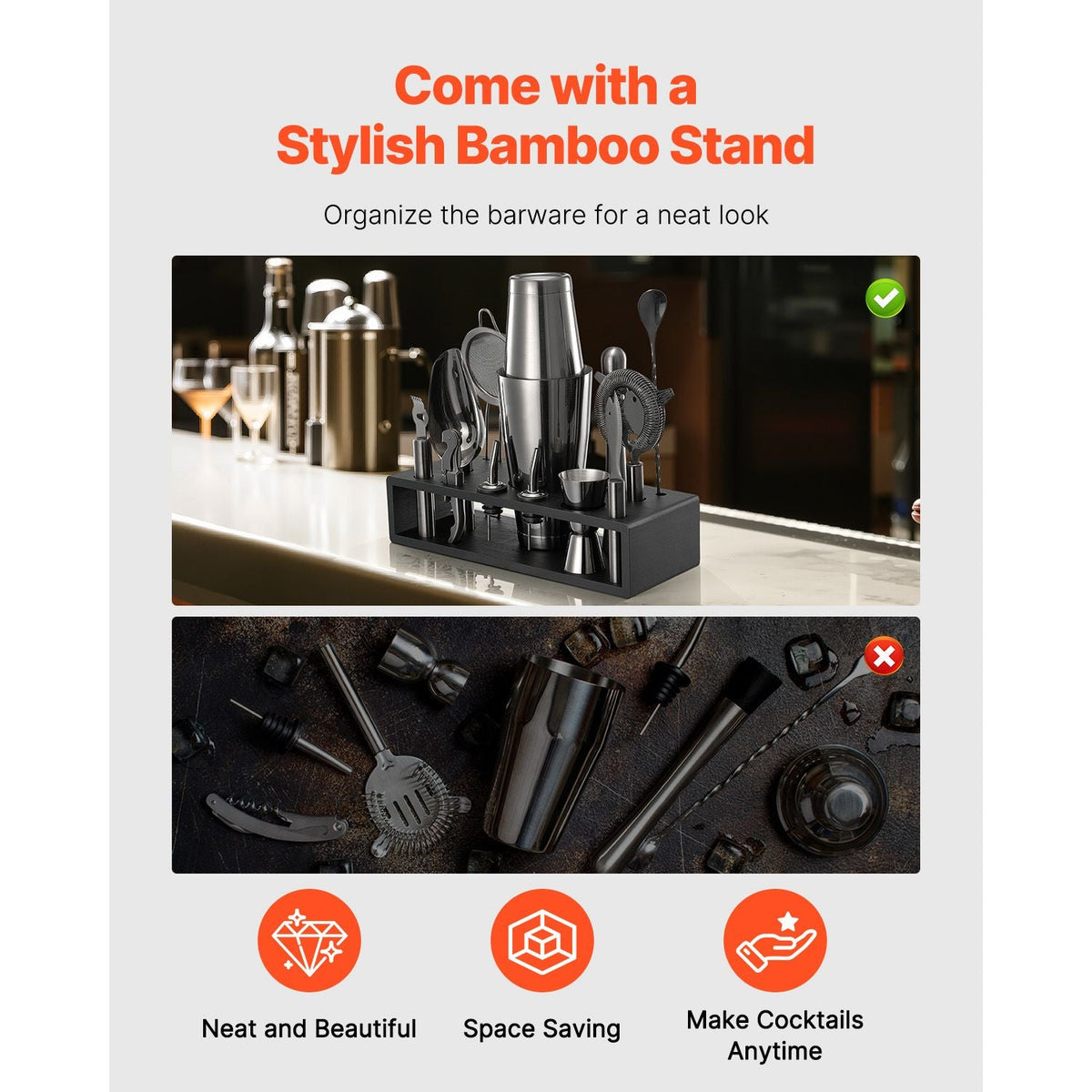 Cocktail Shaker Set, 13-Piece Stainless Steel Bar Tools with Bamboo Stand, Boston Bartender Kit | Mixer Spoon, Muddler, Jigger, Strainer, Liquor Pourers, Ice Scoop, Lemon Zester, Gunmetal