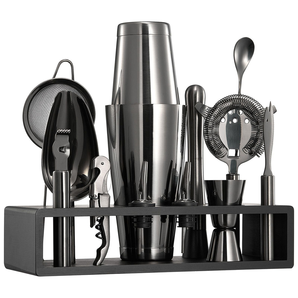Cocktail Shaker Set, 13-Piece Stainless Steel Bar Tools with Bamboo Stand, Boston Bartender Kit | Mixer Spoon, Muddler, Jigger, Strainer, Liquor Pourers, Ice Scoop, Lemon Zester, Gunmetal