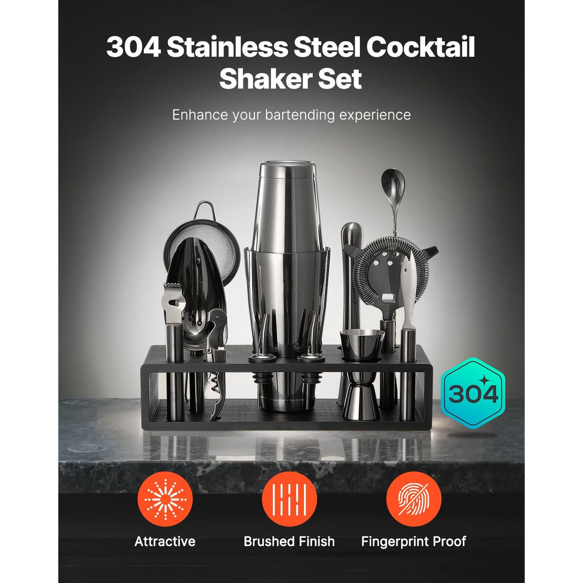 Cocktail Shaker Set, 13-Piece Stainless Steel Bar Tools with Bamboo Stand, Boston Bartender Kit | Mixer Spoon, Muddler, Jigger, Strainer, Liquor Pourers, Ice Scoop, Lemon Zester, Gunmetal