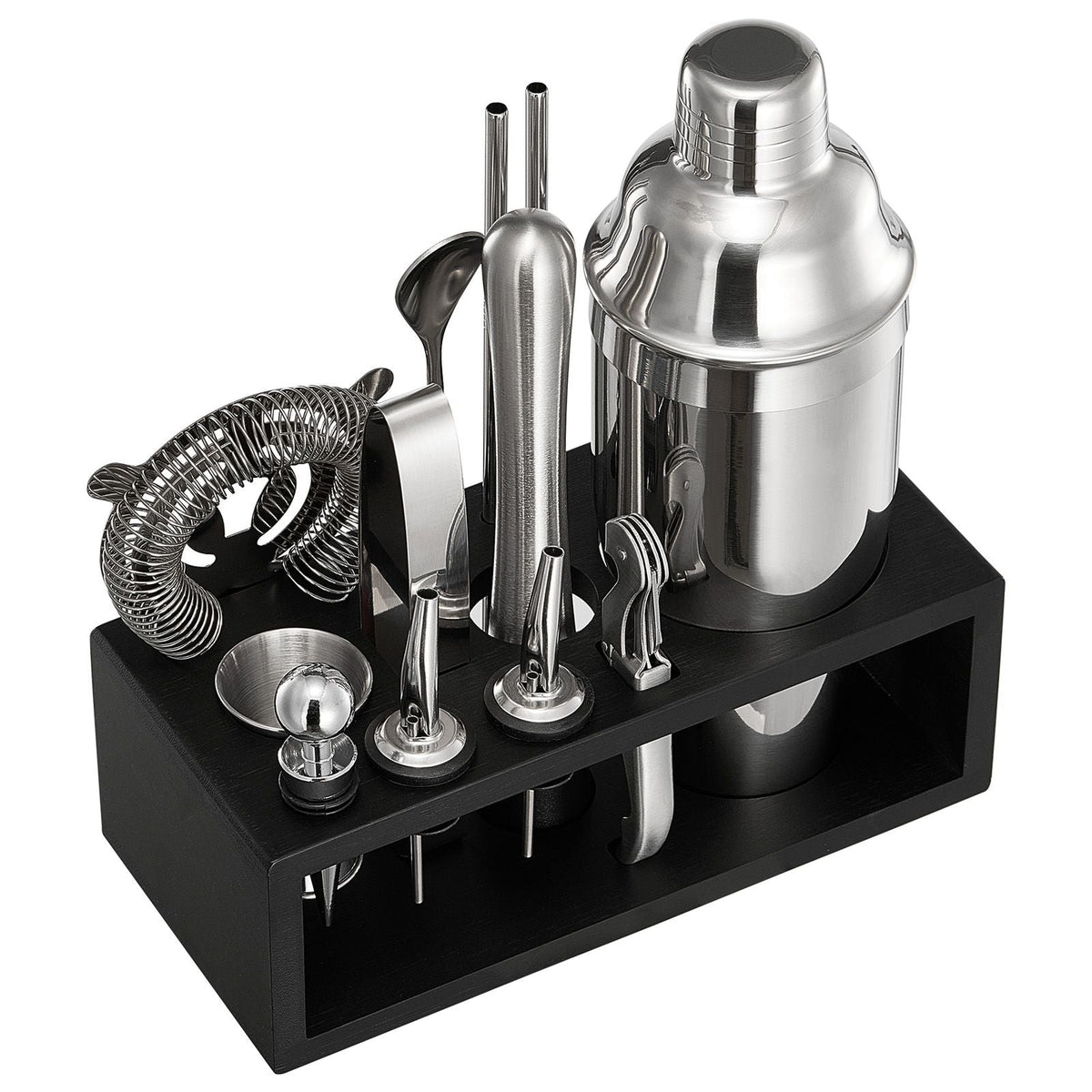 Cocktail Shaker Set, 13-Piece Stainless Steel Bar Tools with Bamboo Stand, Martini Bartender Kit Accessories | Mixer Spoon, Muddler, Jigger, Strainer, Liquor Pourers, Ice Tong, Corkscrew, Silver