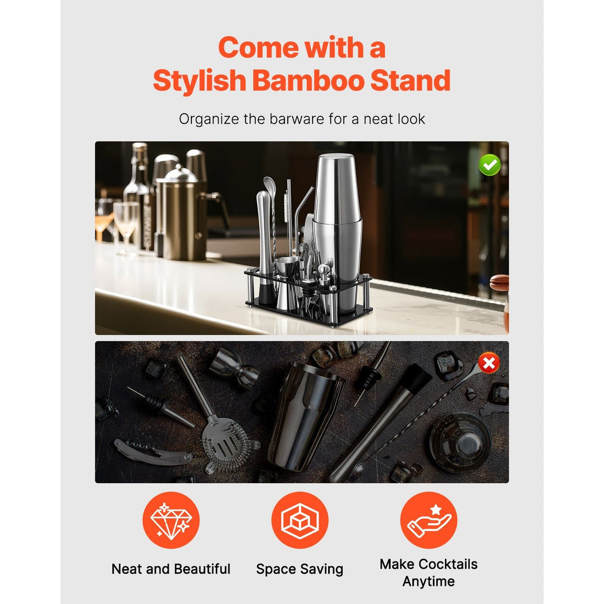 Cocktail Shaker Set, 14-Piece Stainless Steel Bar Tools with Acrylic Stand, Boston Bartender Kit Accessories | Mixer Spoon, Muddler, Jiggers, Strainer, Liquor Pourer, Ice Tong, Corkscrew, Silver