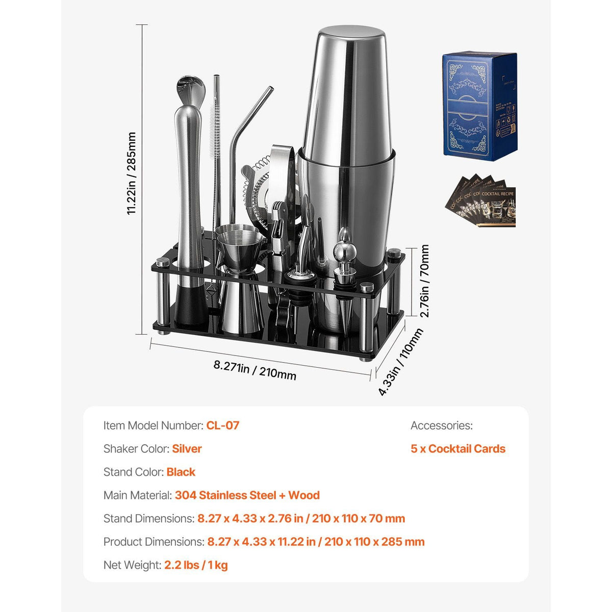 Cocktail Shaker Set, 14-Piece Stainless Steel Bar Tools with Acrylic Stand, Boston Bartender Kit Accessories | Mixer Spoon, Muddler, Jiggers, Strainer, Liquor Pourer, Ice Tong, Corkscrew, Silver