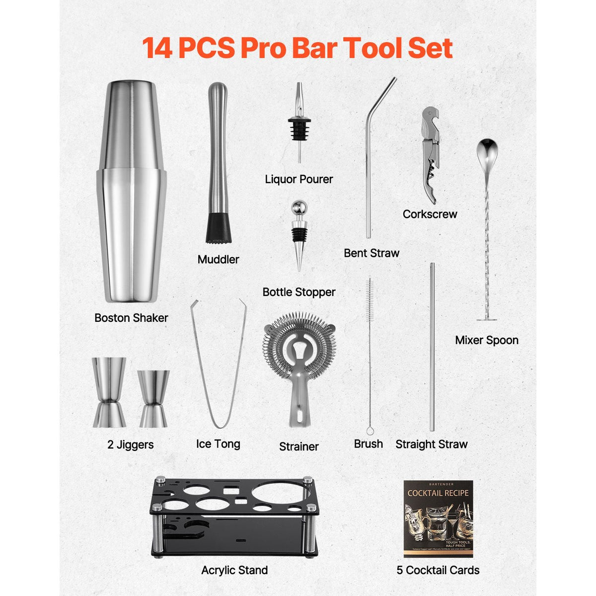 Cocktail Shaker Set, 14-Piece Stainless Steel Bar Tools with Acrylic Stand, Boston Bartender Kit Accessories | Mixer Spoon, Muddler, Jiggers, Strainer, Liquor Pourer, Ice Tong, Corkscrew, Silver