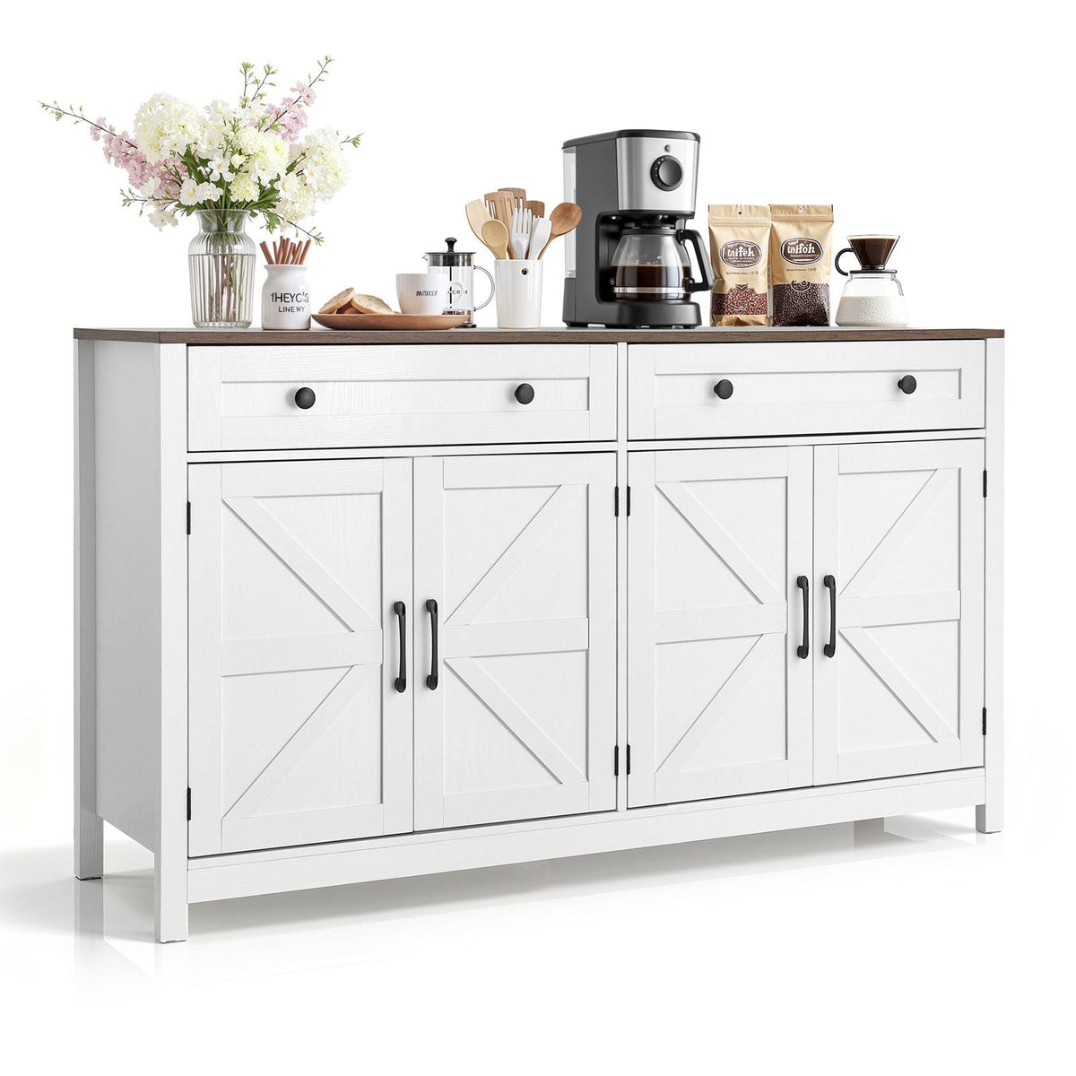 Coffee Bar Cabinet, Farmhouse Coffee Bar Table with 2 Drawers, Buffet Stand Cabinet with 4 Barn Doors, Sideboard Buffet Station for Living Room, Entryway, Kitchen, 55.1 x 15.5 x 31.5 in, White