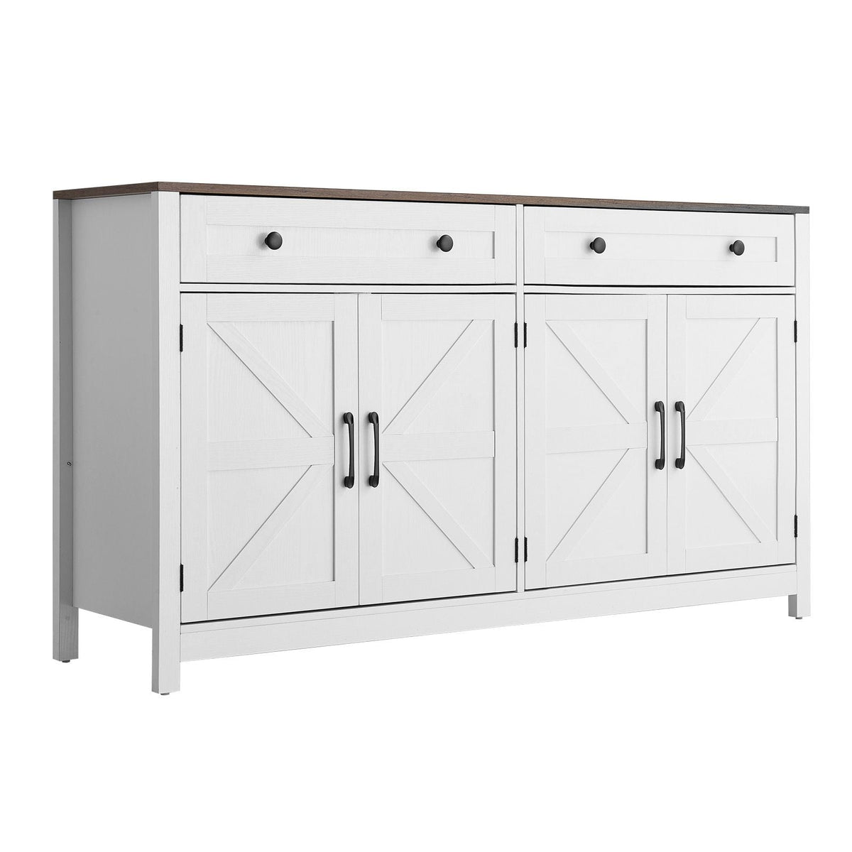 Coffee Bar Cabinet, Farmhouse Coffee Bar Table with 2 Drawers, Buffet Stand Cabinet with 4 Barn Doors, Sideboard Buffet Station for Living Room, Entryway, Kitchen, 55.1 x 15.5 x 31.5 in, White