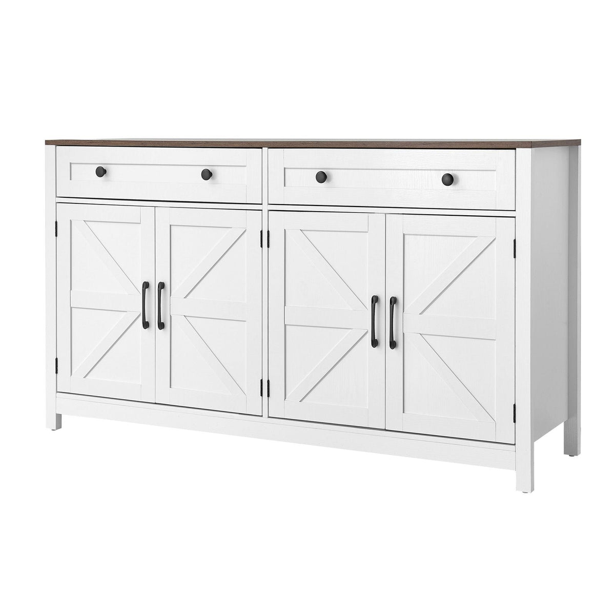 Coffee Bar Cabinet, Farmhouse Coffee Bar Table with 2 Drawers, Buffet Stand Cabinet with 4 Barn Doors, Sideboard Buffet Station for Living Room, Entryway, Kitchen, 55.1 x 15.5 x 31.5 in, White
