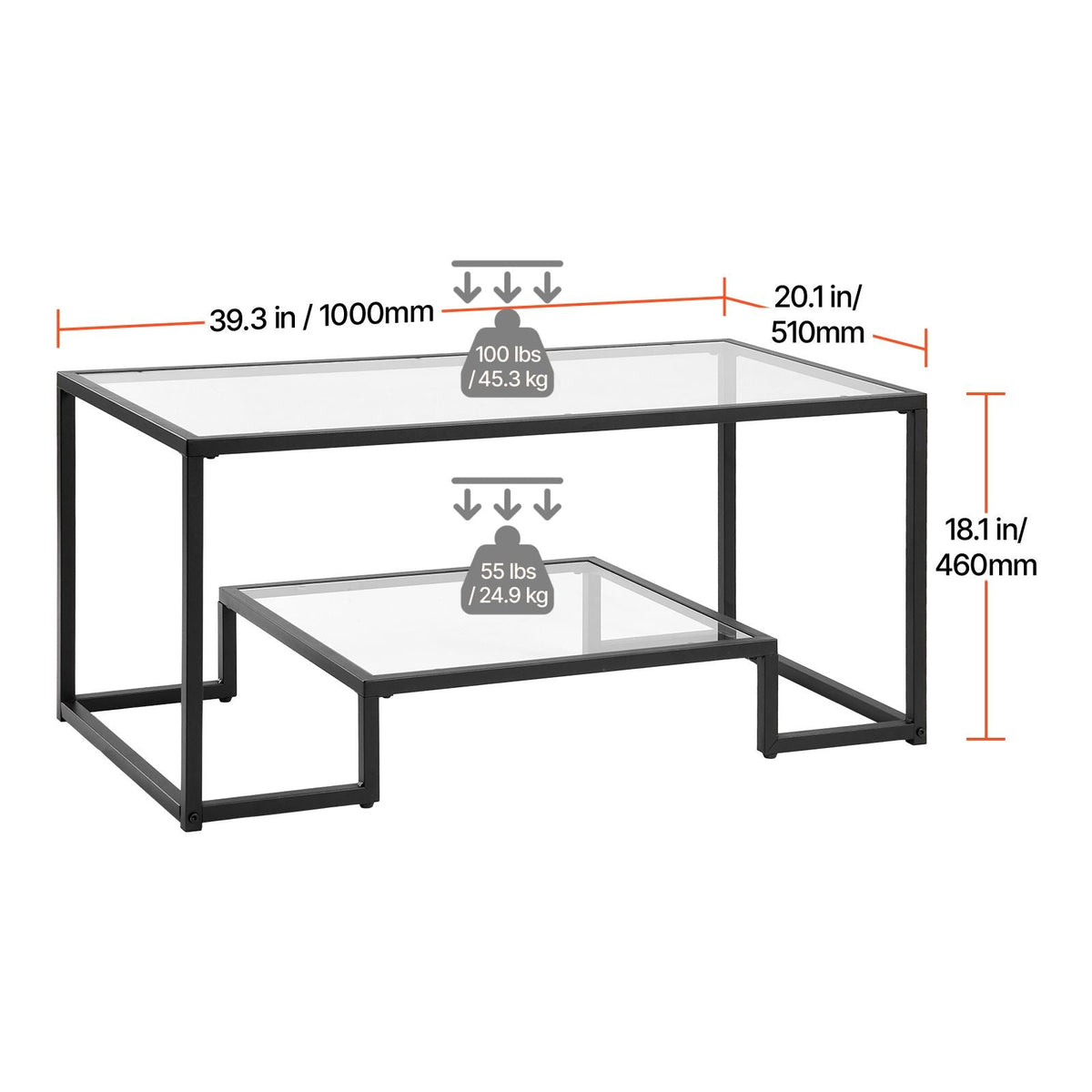 Coffee Table, Modern Tempered Glass Coffee Table, 2 Tiers Rectangle Glass Center Desk with Open Storage, Minimalist Sturdy Metal Frame Accent End Desk for Living Room, Office, Easy Assembly
