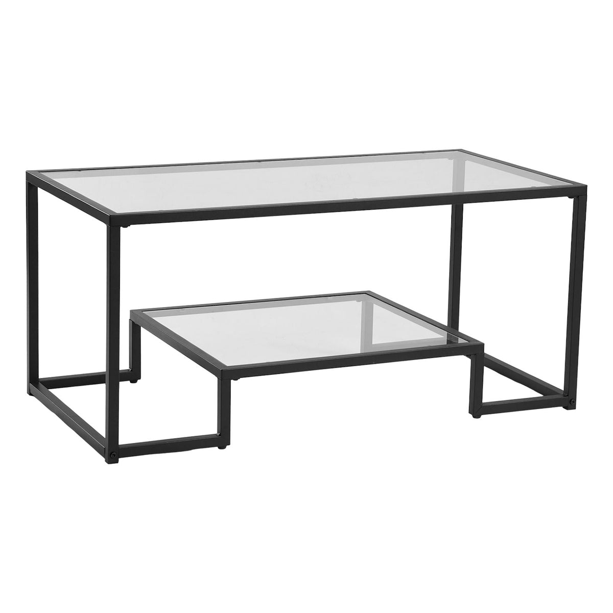 Coffee Table, Modern Tempered Glass Coffee Table, 2 Tiers Rectangle Glass Center Desk with Open Storage, Minimalist Sturdy Metal Frame Accent End Desk for Living Room, Office, Easy Assembly