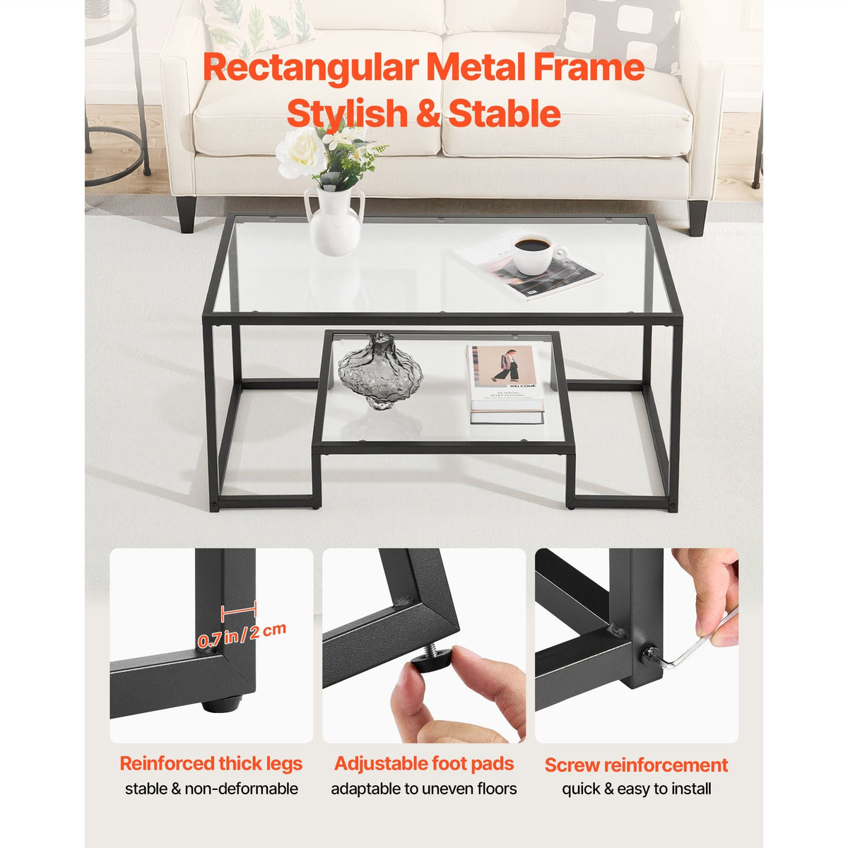Coffee Table, Modern Tempered Glass Coffee Table, 2 Tiers Rectangle Glass Center Desk with Open Storage, Minimalist Sturdy Metal Frame Accent End Desk for Living Room, Office, Easy Assembly