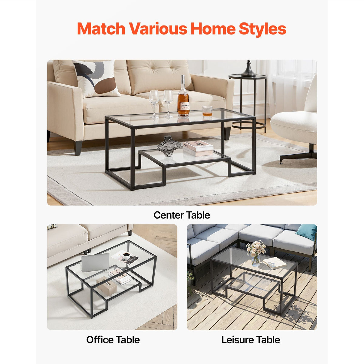 Coffee Table, Modern Tempered Glass Coffee Table, 2 Tiers Rectangle Glass Center Desk with Open Storage, Minimalist Sturdy Metal Frame Accent End Desk for Living Room, Office, Easy Assembly