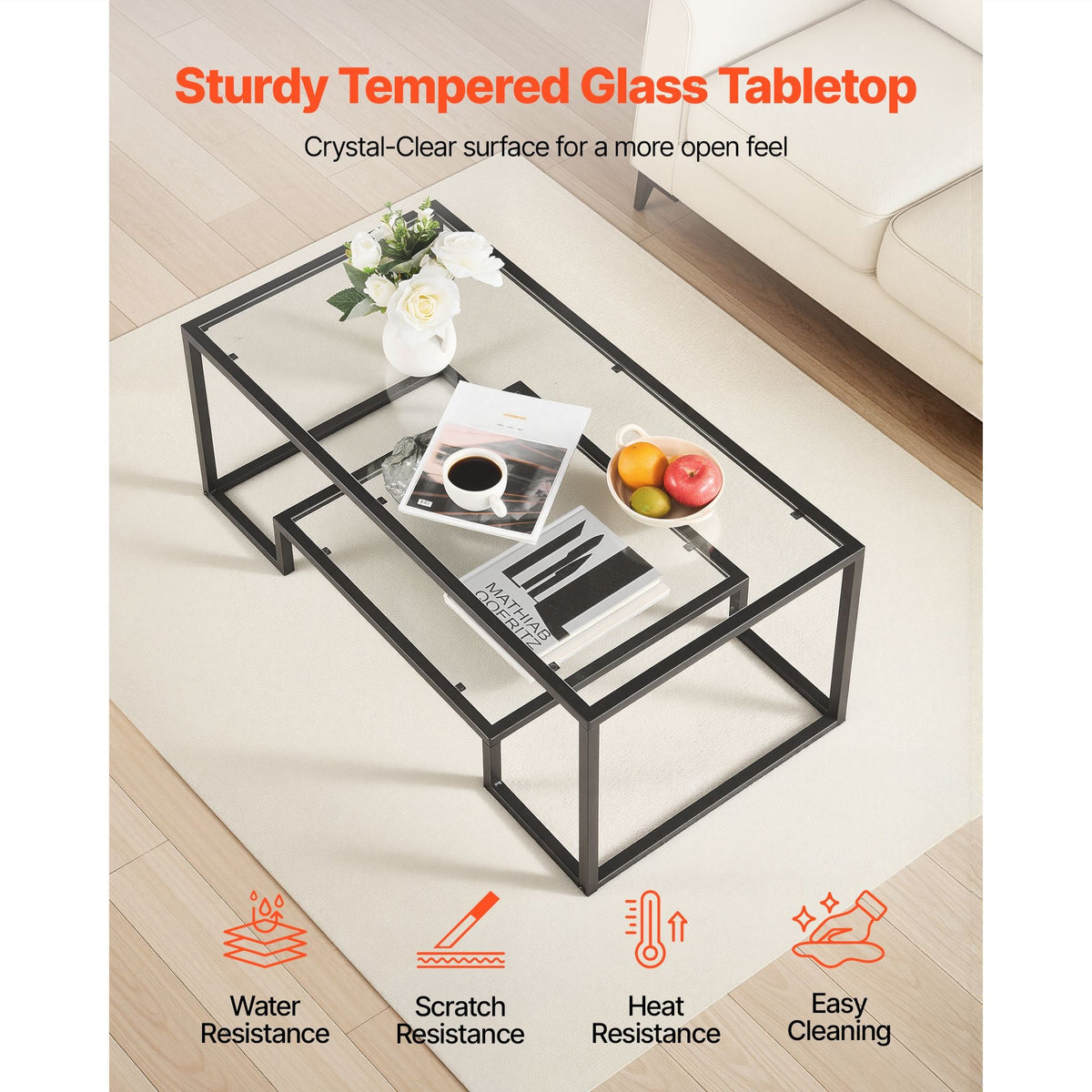 Coffee Table, Modern Tempered Glass Coffee Table, 2 Tiers Rectangle Glass Center Desk with Open Storage, Minimalist Sturdy Metal Frame Accent End Desk for Living Room, Office, Easy Assembly
