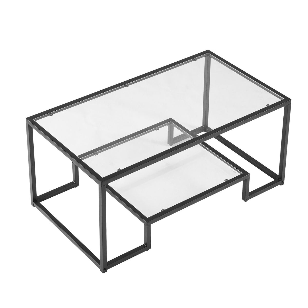 Coffee Table, Modern Tempered Glass Coffee Table, 2 Tiers Rectangle Glass Center Desk with Open Storage, Minimalist Sturdy Metal Frame Accent End Desk for Living Room, Office, Easy Assembly
