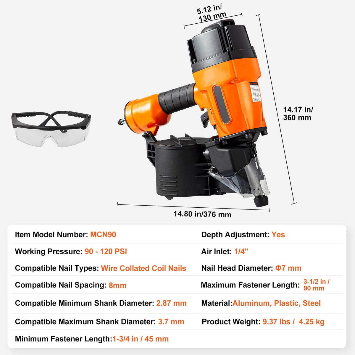 Coil Framing Nailer MCN90, 1-3/4" to 3-1/2" 15 Degree Pneumatic Framing Nail Gun with Tool-Less Depth Adjustment, 90-120PSI Air Coil Nailer for Framing, Wall Flooring and Wall Assembly