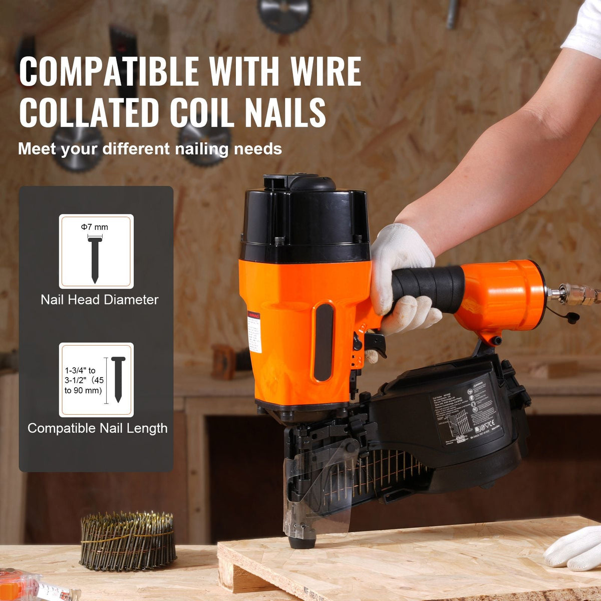 Coil Framing Nailer MCN90, 1-3/4" to 3-1/2" 15 Degree Pneumatic Framing Nail Gun with Tool-Less Depth Adjustment, 90-120PSI Air Coil Nailer for Framing, Wall Flooring and Wall Assembly