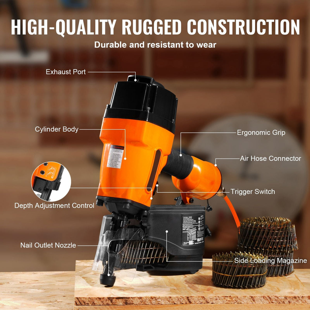 Coil Framing Nailer MCN90, 1-3/4" to 3-1/2" 15 Degree Pneumatic Framing Nail Gun with Tool-Less Depth Adjustment, 90-120PSI Air Coil Nailer for Framing, Wall Flooring and Wall Assembly