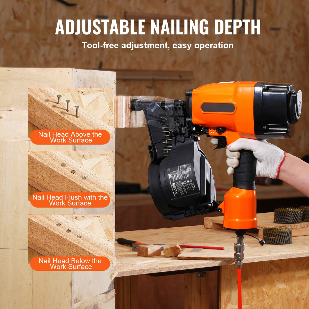Coil Framing Nailer MCN90, 1-3/4" to 3-1/2" 15 Degree Pneumatic Framing Nail Gun with Tool-Less Depth Adjustment, 90-120PSI Air Coil Nailer for Framing, Wall Flooring and Wall Assembly
