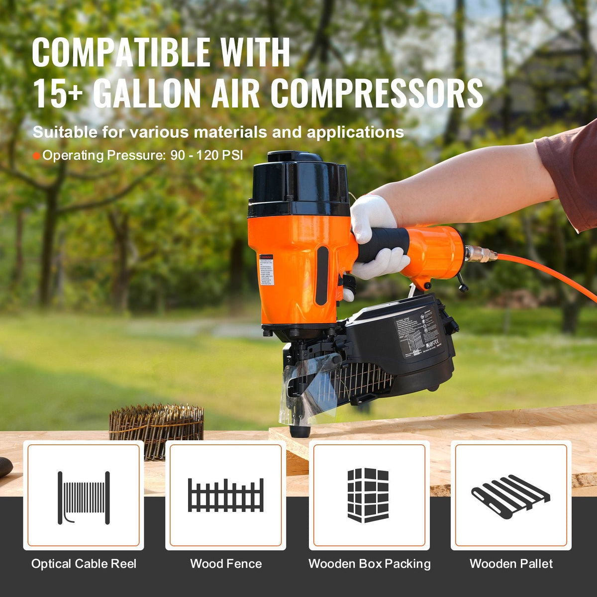 Coil Framing Nailer MCN90, 1-3/4" to 3-1/2" 15 Degree Pneumatic Framing Nail Gun with Tool-Less Depth Adjustment, 90-120PSI Air Coil Nailer for Framing, Wall Flooring and Wall Assembly