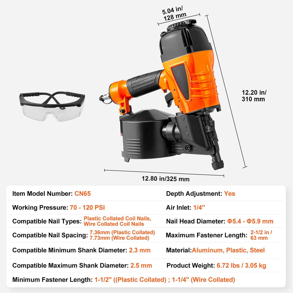Coil Siding Nailer CN65, 1-1/4" to 2-1/2" 15 Degree Pneumatic Siding Nail Gun with Tool-Less Depth Adjustment, 70-120PSI Air Coil Nailer for Siding, Pallet Sheathing, Wooding, Fencing, Decking