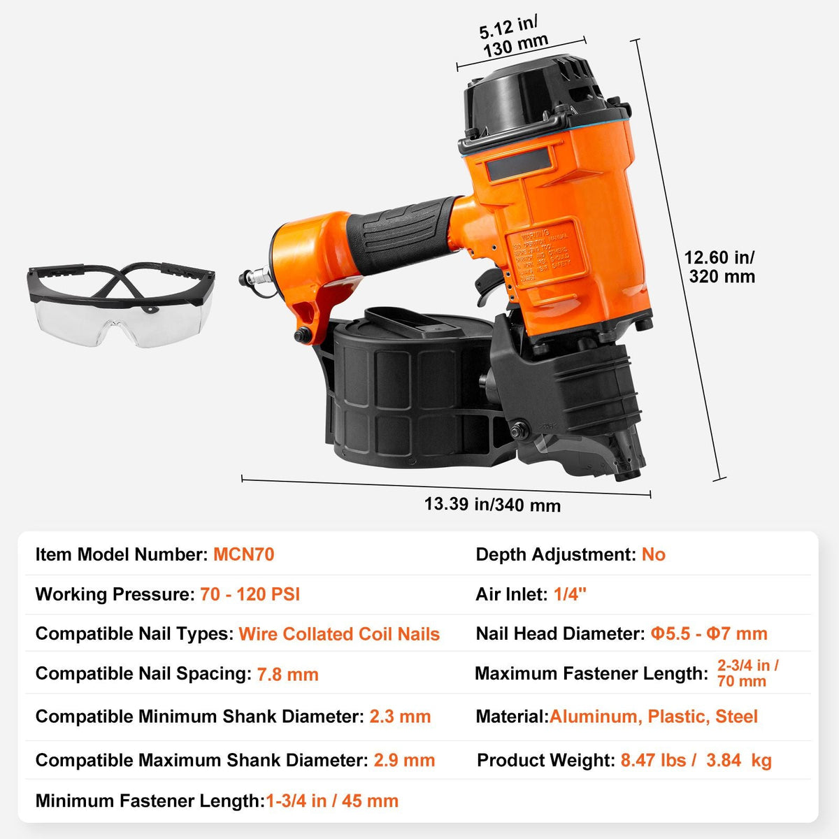 Coil Siding Nailer MCN70, 1-3/4" to 2-3/4" 15 Degree Pneumatic Siding Nail Gun, 70-120PSI Air Coil Nailer for Pallet, Crating, Framing, Siding and Fencing