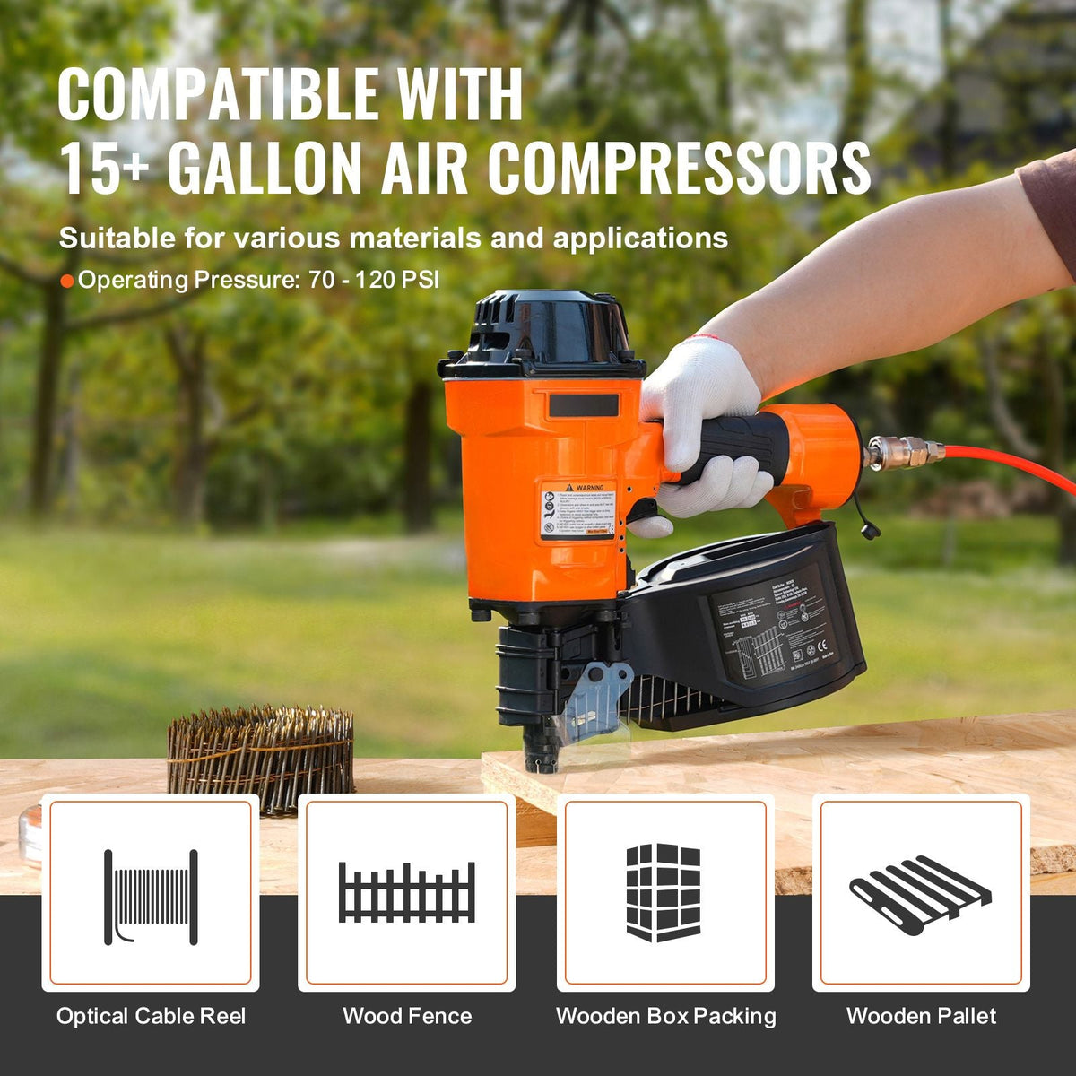 Coil Siding Nailer MCN70, 1-3/4" to 2-3/4" 15 Degree Pneumatic Siding Nail Gun, 70-120PSI Air Coil Nailer for Pallet, Crating, Framing, Siding and Fencing