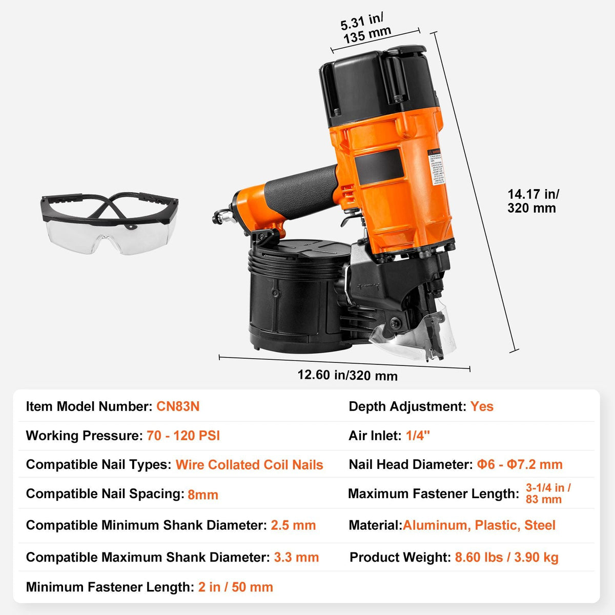 Coil Siding/Framing Nailer CN83N, 2" to 3-1/4" 15 Degree Pneumatic Siding Nail Gun with Tool-Less Depth Adjustment, 70-120PSI Air Coil Nailer for Siding Sheathing Wooding Fencing Decking