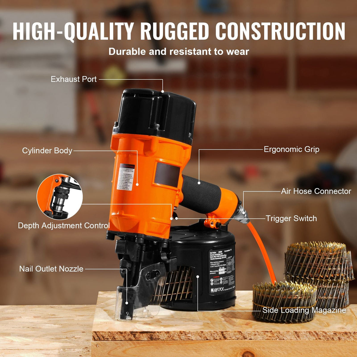 Coil Siding/Framing Nailer CN83N, 2" to 3-1/4" 15 Degree Pneumatic Siding Nail Gun with Tool-Less Depth Adjustment, 70-120PSI Air Coil Nailer for Siding Sheathing Wooding Fencing Decking